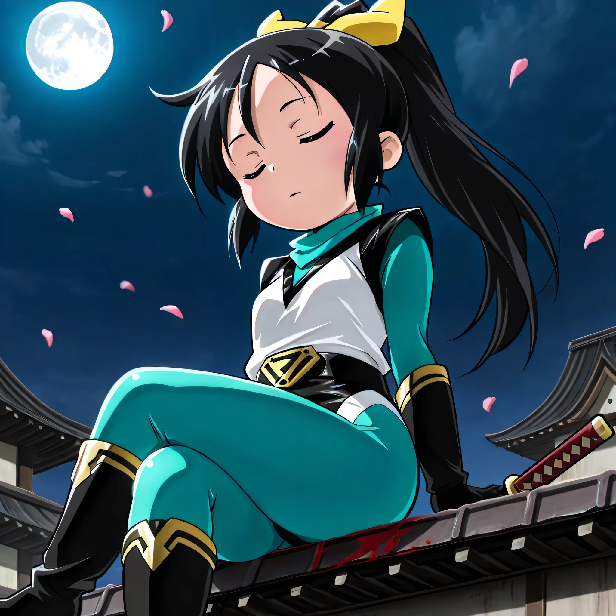 (((Masterpiece))), (((Best Quality))), ((Super Detail)), ultra-High resolution, score_9,score_8_up,score_7_up,score_6_up,score_5_up,score_4_up, BREAK, source_anime, anime screencap, uncensored, rating_explicit, Masterpiece, (absurdres), (detailed background), (very aesthetic), detailed beautiful eyes, outstanding, an exquisite animation illustration, curvy, highres, dark persona, hanan0kun0ichigumi, shiny clothes, spandex, white neck, covered neck, under clothes, teal , teal scarf, two-tone leotard, black leotard, white leotard, highleg leotard, elbow gloves, black gloves, gold trim, black belt, knee boots, black boots, high heel boots, (((solo, 1girl))), hair ornament, pose, submissive pose, anime style, anime coloring, animification, megami magazine, pose, small , shinobichidori, black hair, ponytail, closed eyes, hair ribbon, white pupil, horror theme, looking from below, view from below, from below, dark theme, night, moon, moonlight, moonbeam, dappled light, glowing eyes, crossed legs, katana, blood splatter, , sitting on rooftop, Japanese architecture, ruin, apocalyptic, expressionless, emotionless, looking down, petal, wind, windy