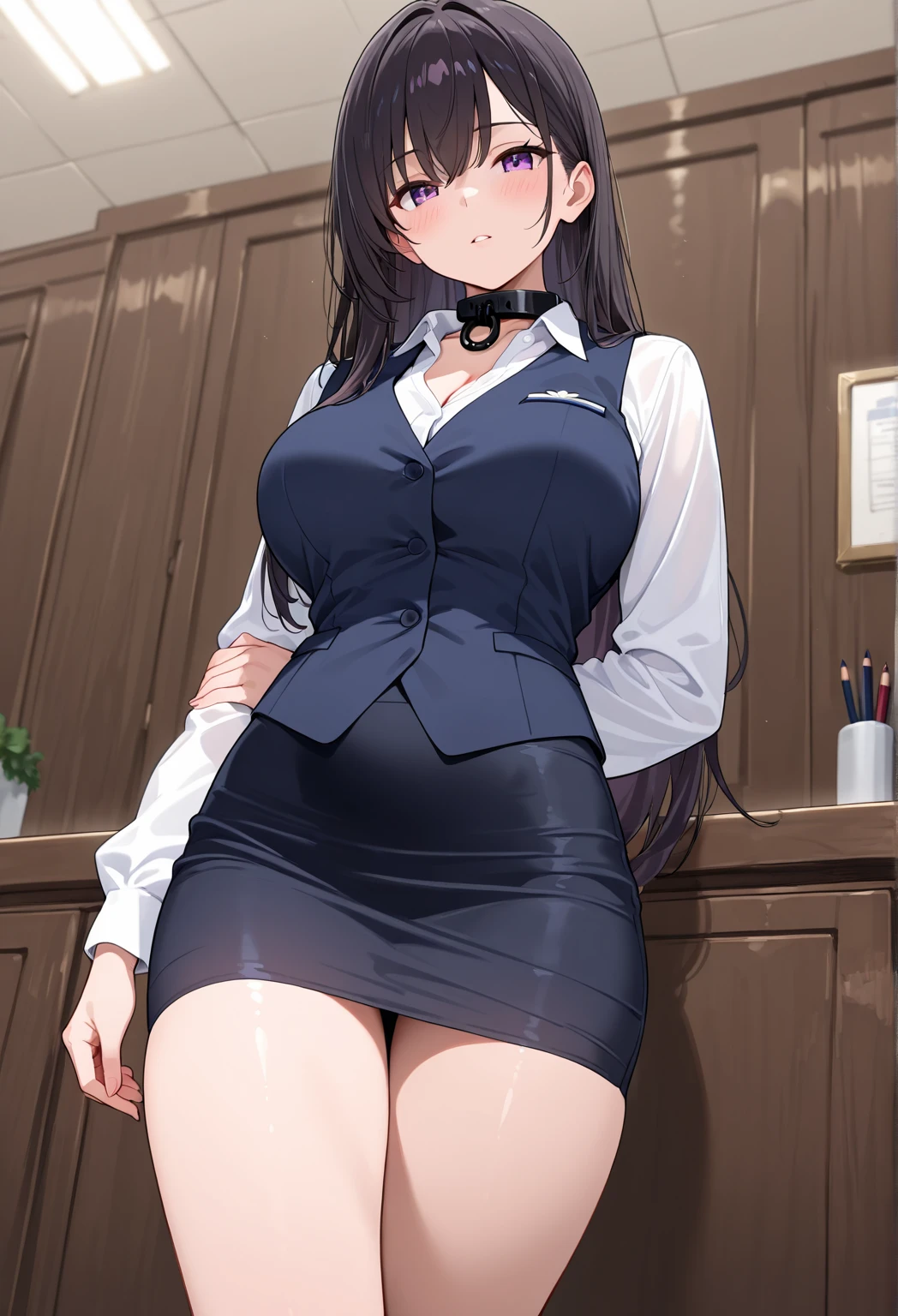 masterpiece, best quality, expressive eyes, perfect face, highly detailed, intricate detailed, atmospheric perspective, solo, 1mature seductive woman leaning on desk, alluring pose, brown semi long hair, neckless, business suit, checked vest, blouse, black pencil skirt, tight mini skirt, large breasts, pantyhose, focus beautiful legs, spread legs, panties, curvy, thighs, high heals, calm smile, from below, office room, at night,