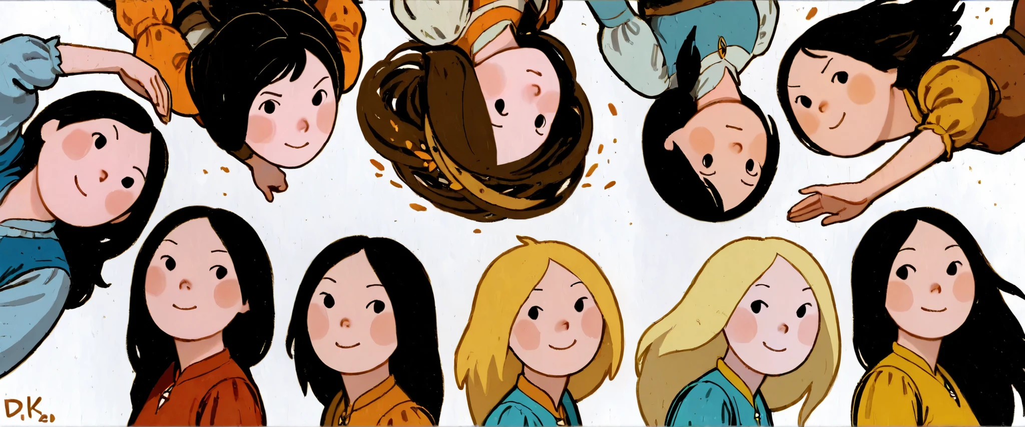 2D ART, hyper detailed gouache painting, illustration, dkri style:1.5, semi realistic portrait of 3girls, and 4boys, full body shot, different body angles, long_hair, group, medieval d&d characters, expressive faces, black eyes, detailed faces, detailed hands, medieval clothes, on simple white background, linework, outlined, dynamic poses, foreshortening, extreme perspective, adventure time