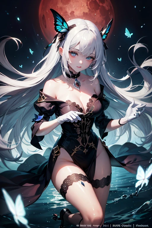Lifelike,1girls,White hair,Purple eye,big boob,skirts,parted lips,Blush face,Stick out your tongue,Undress,full - body,Black silk,Barefoot,Expose the chest,??????? body --auto