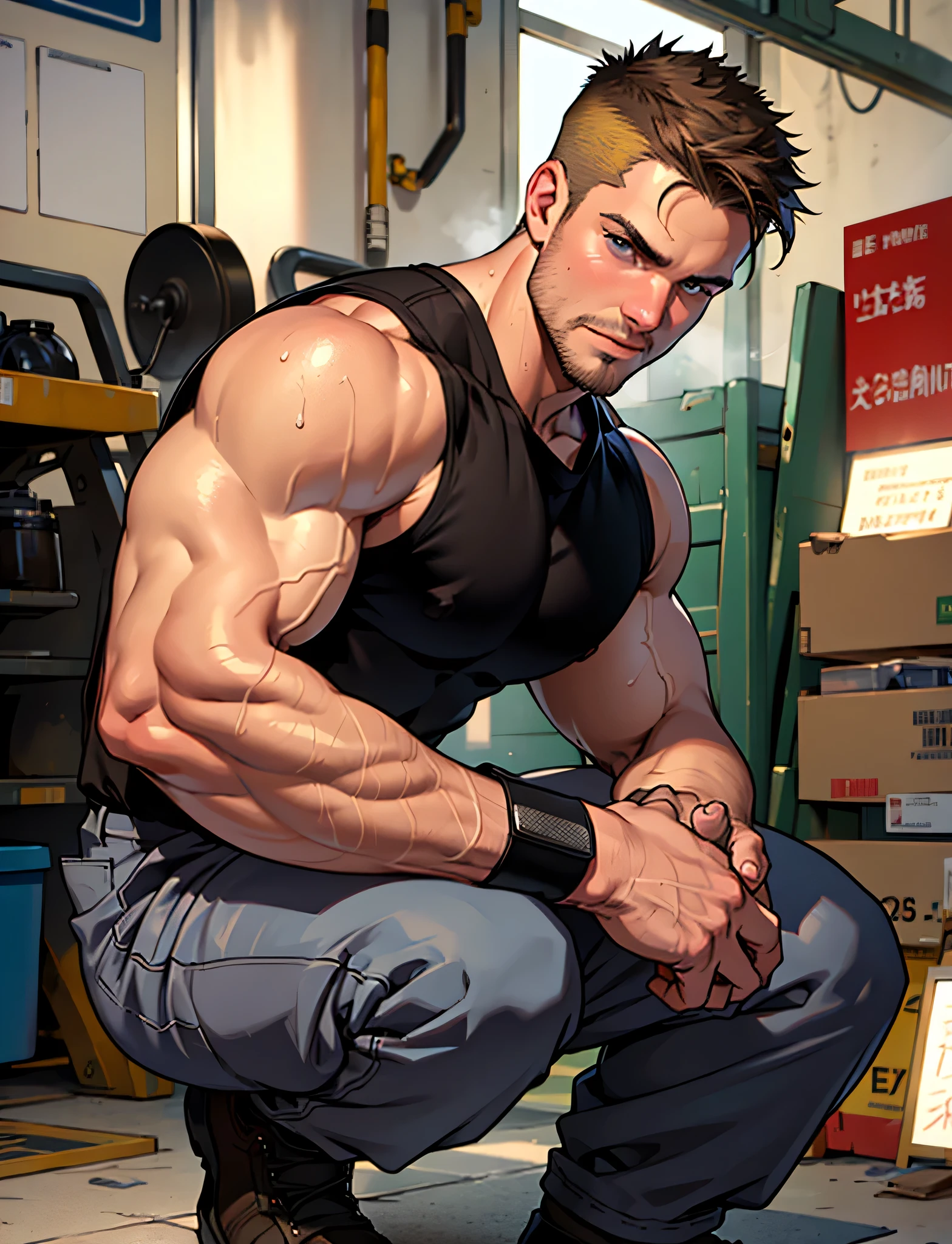 masterpiece, best quality face, natural eyes,mature man, muscled and mature, stephen amell as a mechanic man, sweating, full body