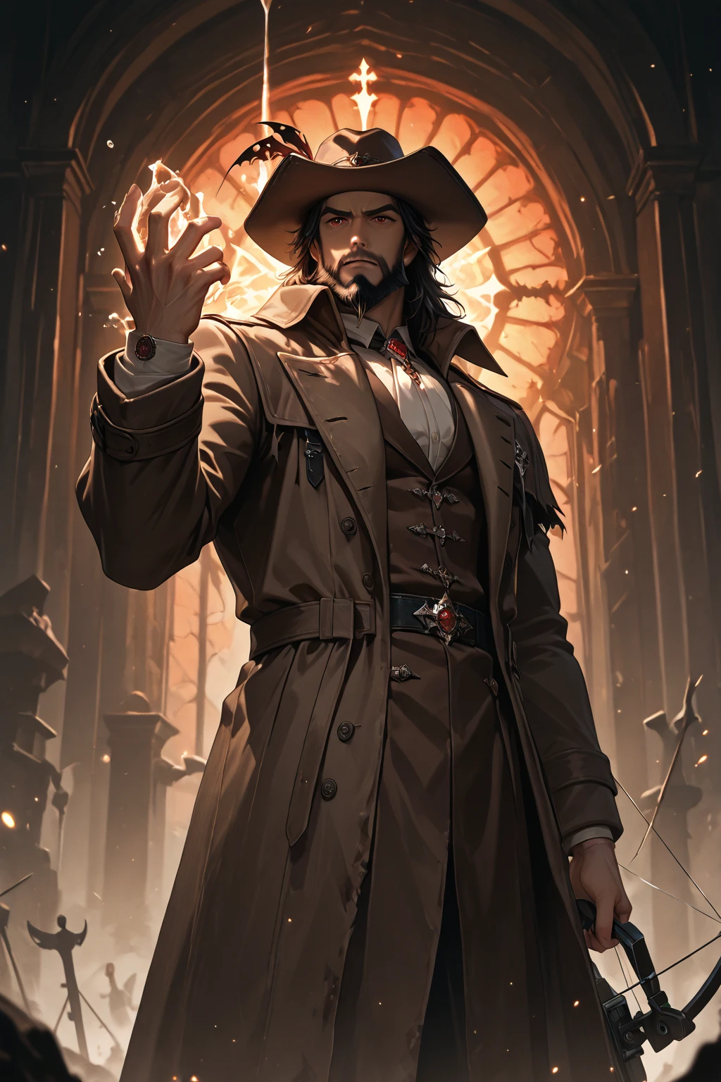 A cinematic close-up, Hiperrealista de extrema beleza, Perfection and details of a man in a hat and cape, Snoop Dogg como um Mago, Jessé McCree, Snoop Dogg como Doutor Estranho, he is wearing a top hat, Feiticeiros Cyberpunk Africanos, Mario como The Witcher, Retrato de um feiticeiro vermelho, portrait of a bloodborne hunter, estilo bloodborne, epic and elegant portrait, character with a hat, 16k, highes definition, rosto detalhado, rosto detalhado, olhos detalhados, terno detalhado, estilo DC, hiper-realista, + Cinematographic shot + dynamic compositing, incrivelmente detalhado, nitidez, detalhes + detalhes soberbos + noite com luz + perfeccionismo + realismo premiado ((soft-lighting))