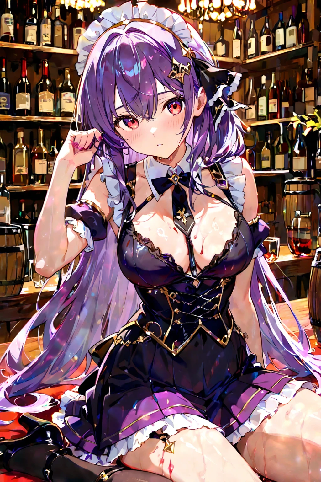 <lora:PurpleHeartPromiseV1:0.7> purple heart promise, large breasts, braid, hair ribbon, black dress, bare shoulders, earrings, jewelry, smile, chandelier, wine glass, close-up, drunk, masterpiece, best quality, highres, <lora:GoodHands-vanilla:1> nice hands, perfect hands