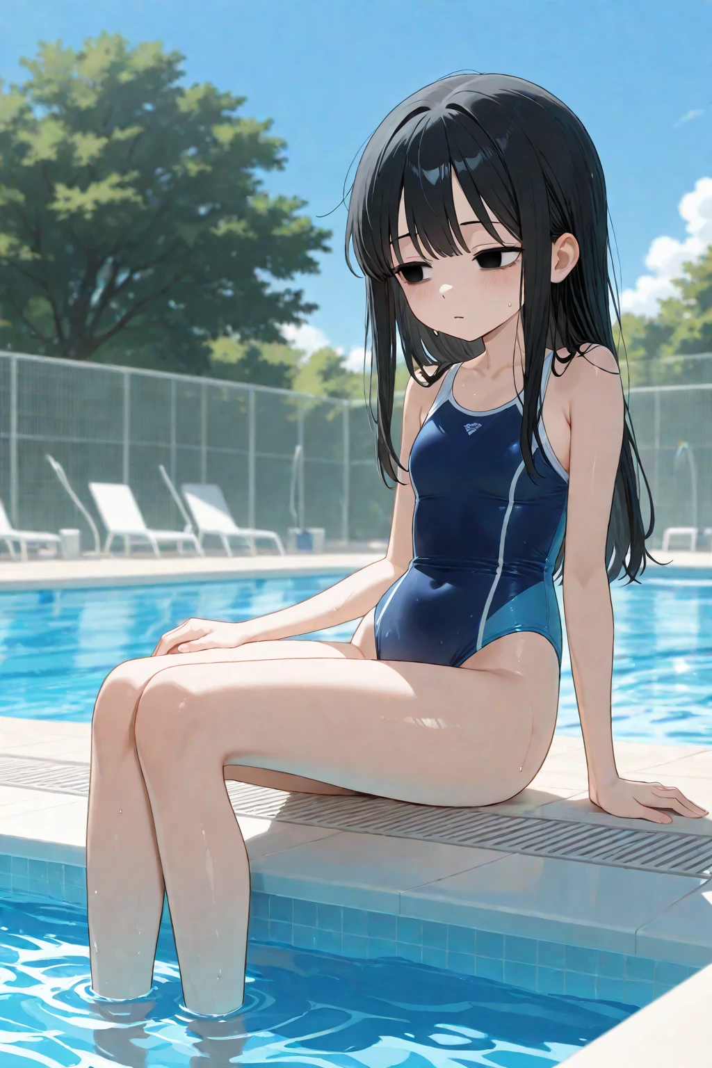 ultra-Top-quality by art God, ultra-detailed, high resolution, shinkai makoto style, anime moe artstyle, best anime 8k konachan wallpaper, pixiv contest winner, perfect ???????, break,(Please draw a picture of a girl in a swimsuit sitting on a bench by the poolside alone.),break, a hyperrealistic school girl, parted lips, (Solo,lolita, ???, 13-year-old:1.3),Full limbs, complete fingers, androgynous charm, very long hair, wet hair, small breasts,slender body, Small butt, groin, Small black eyes,hanme,beautiful detailed eyes, well-proportioned iris and pupils, sleepily, highres detailed hair, swimsuit, wet swimsuit, bare shoulders, thighs, in the school pool. break,super detailed skin, shiny skin, Best lighting powered by famous artist, 8k, illustration,UHD, textured skin,break,((artist:toosaka_asagi )), artist:clamp ,artist:carnelian ,artist:kantoku ,