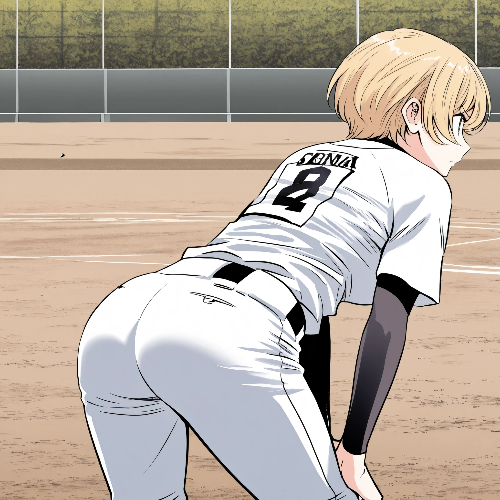 score_9, score_8_up, score_7_up , comic style,(major 2nd style:1.2),BREAK,1koma,1girl, michiru, solo, blonde hair, short hair, medium breast,medium hip,BREAK,baseball uniform,holding baseball grove,BREAK,standing,leaning forward,hands on knees,open legs,BREAK,serious,BREAK,looking away,baseball ground,cowboy shot,character close up,(focus butt:1.5),back view