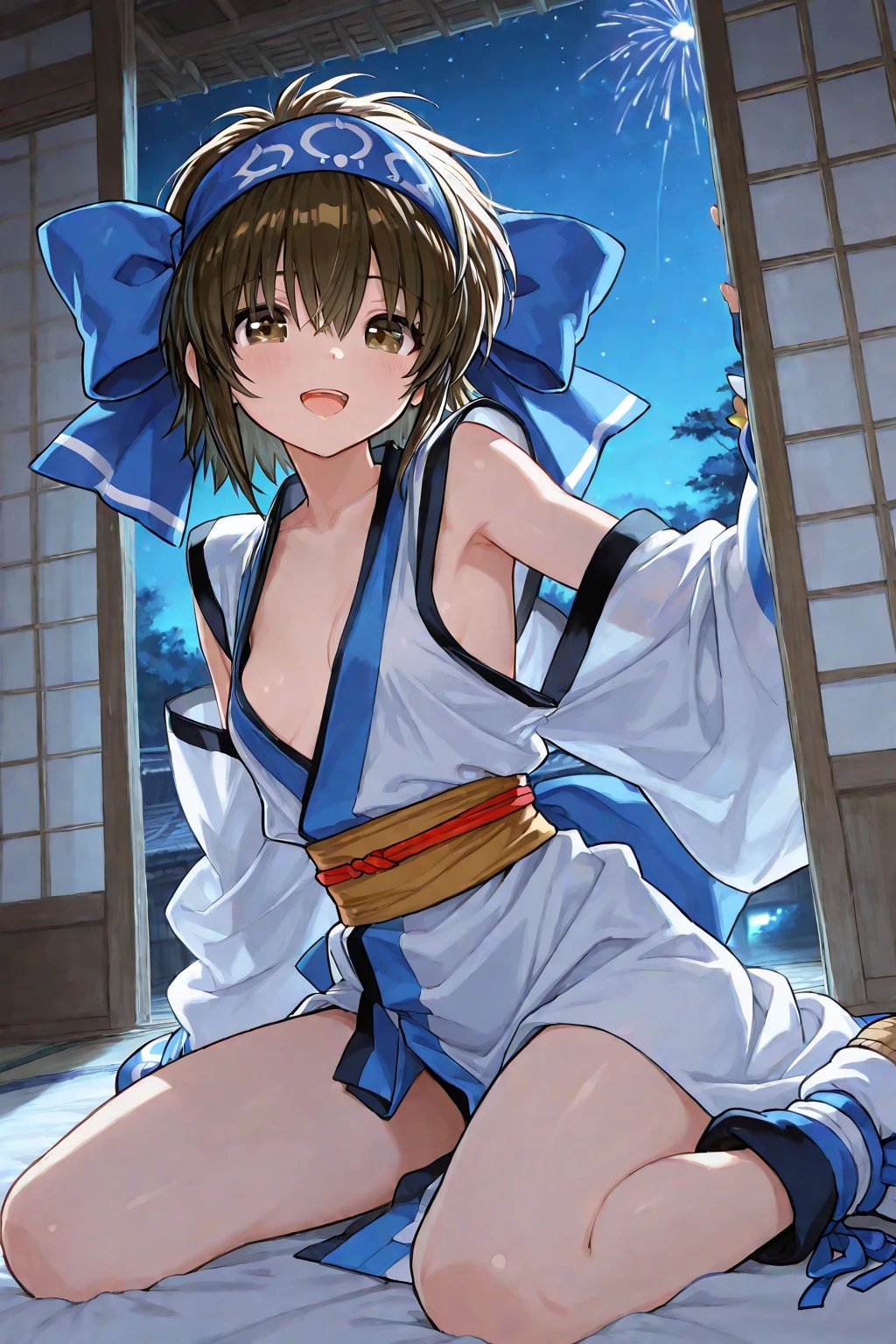 {{{masterpiece}}}, {{{best quality}}}, {{ultra-detailed}}, {illustration}, {{an extremely delicate and beautiful}},(Edo townscape),1girl, cute girl, solo, japanese clothes, short hair, weapon, sword, brown eyes, looking at viewer, kimono,(Clothes come off:1.5), brown hair, lips, hand on hip, sheath, smile, katana, black hair, full body, closed mouth, sheathed, hand up,(spread legs:1.3),(white panties:1.2)