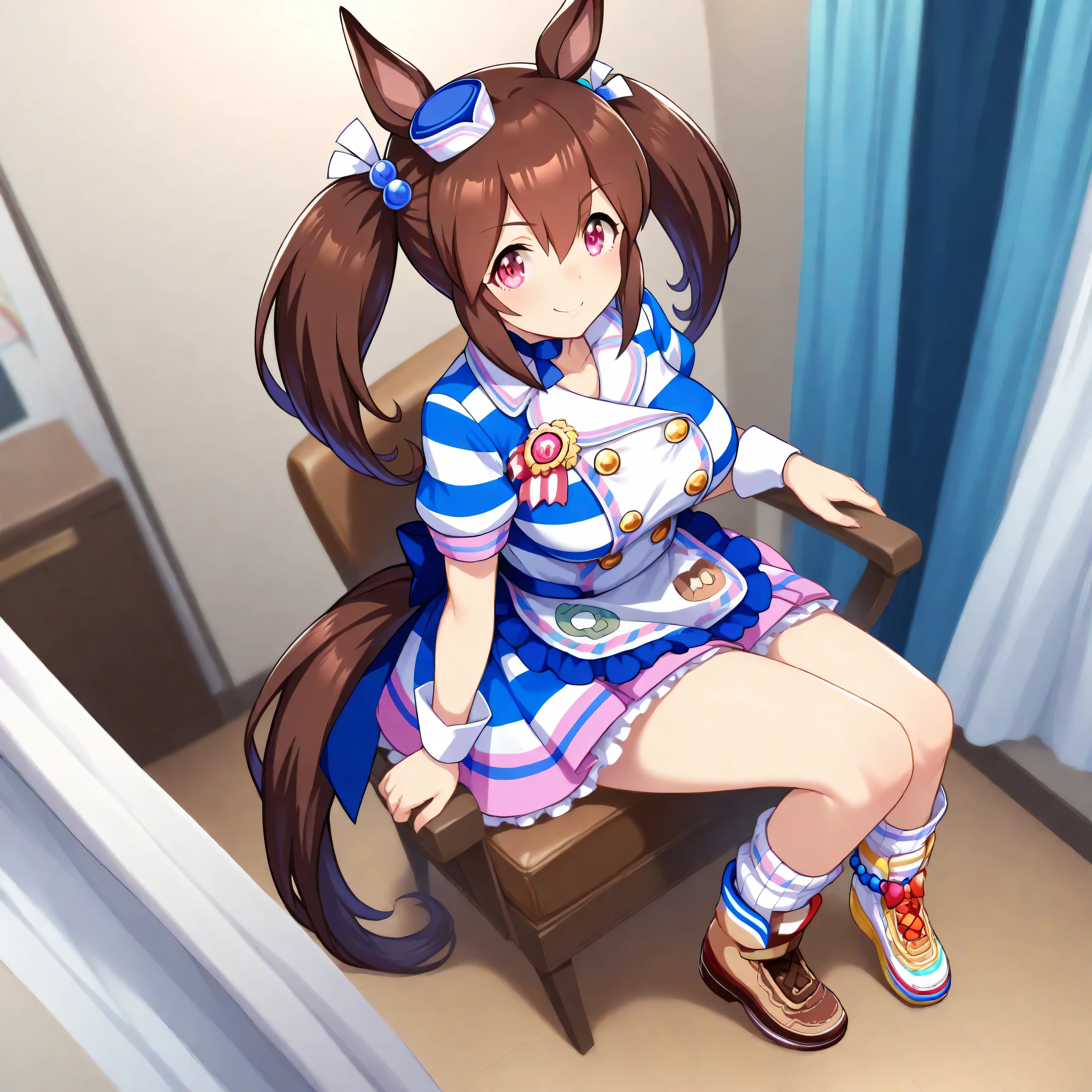 anime, lazypos, masterpiece, best quality, amazing quality, in fitting room, sitting in ornate chair, 1girl, solo, hishi akebono \(umamusume\), horse tail, horse girl, hair ribbon, hair bobbles, mini hat, white chocker, striped dress, blue dress, white apron, buttons, badge, wrist cuffs, puffy short sleeves, waist apron, frilled apron, frilled dress, blue ribbon, skirt, white socks, white footwear, brown footwear, mismatched footwear, asymmetrical footwear, sneakers,