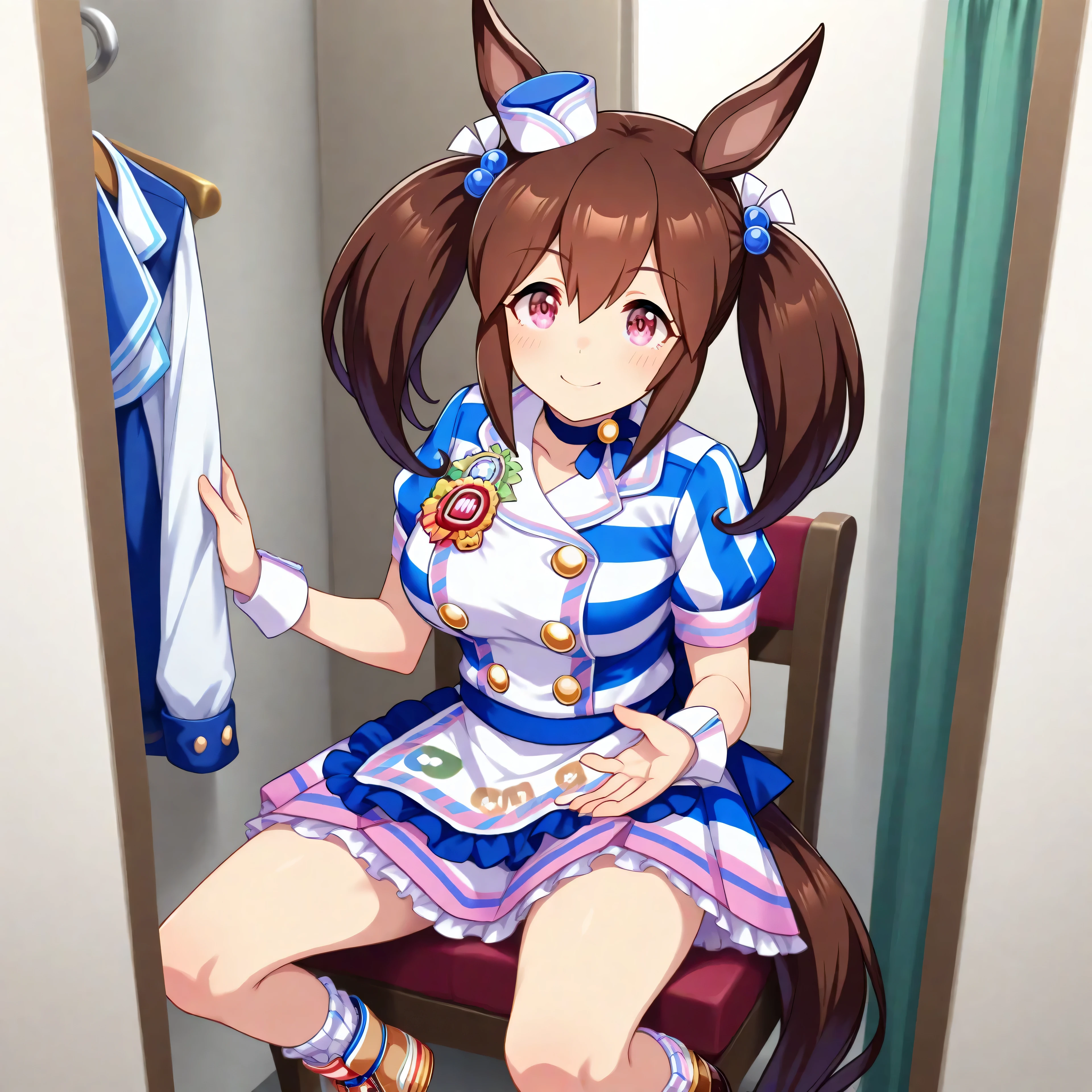 anime, lazypos, masterpiece, best quality, amazing quality, in fitting room, sitting in ornate chair, 1girl, solo, hishi akebono \(umamusume\), horse tail, horse girl, hair ribbon, hair bobbles, mini hat, white chocker, striped dress, blue dress, white apron, buttons, badge, wrist cuffs, puffy short sleeves, waist apron, frilled apron, frilled dress, blue ribbon, skirt, white socks, white footwear, brown footwear, mismatched footwear, asymmetrical footwear, sneakers,