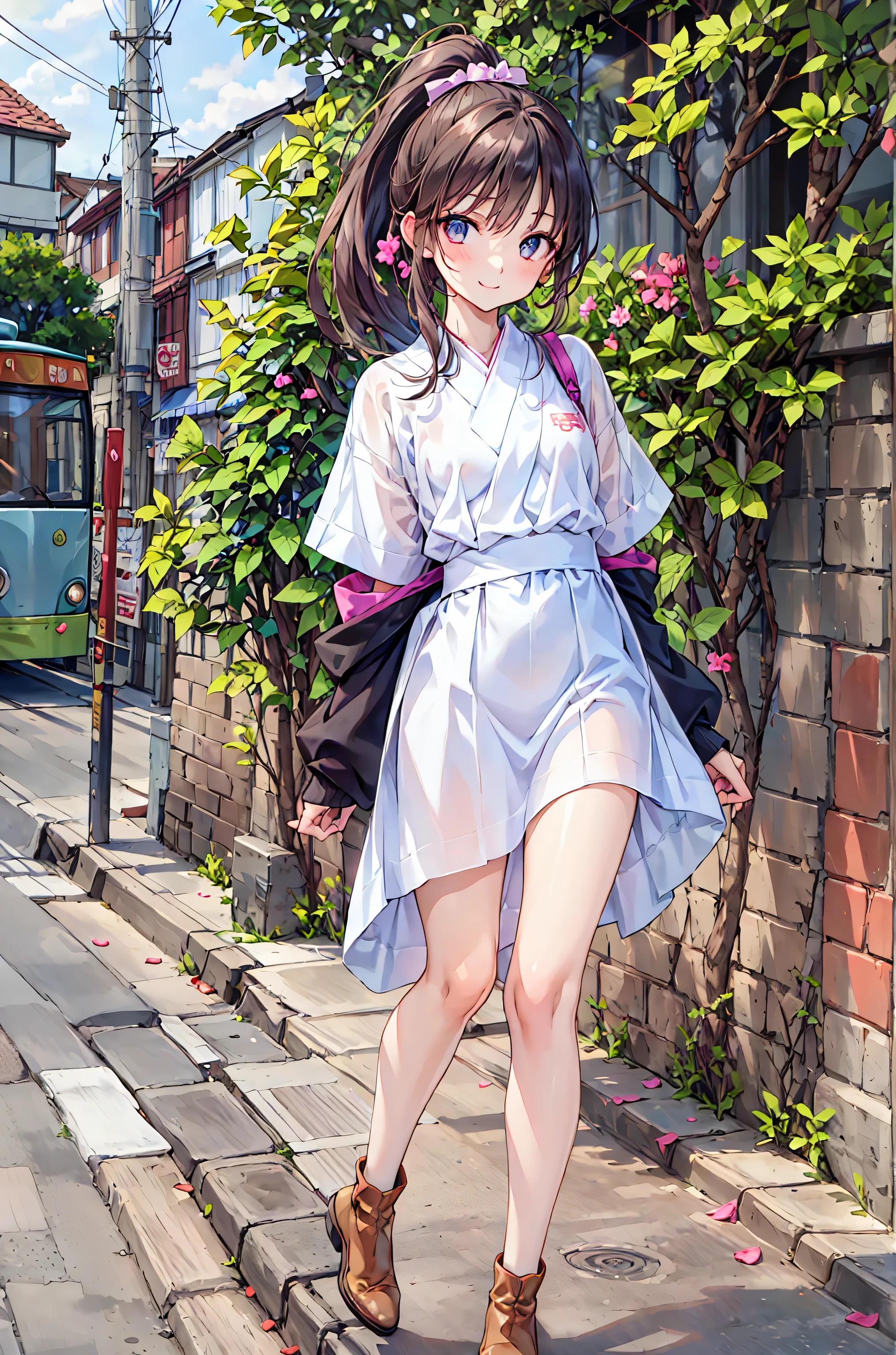 (masterpiece), Highest Quality, expressive eyes, perfect face, 1 girl, solo, girl with high ponytail tied with ribbon, girl in a ponytail wearing a hakama and short boots, Wide range, busy street with an Old Street Tram running in the Taisho era of Japan. smile, pink yagas reprint top, purple hakama , adorned with brown ankle boots, Taisho Romance , Old Street Tram, spring, Cherry Blossom Petals, cherry blossoms, afternoon, Blue Sky, Scenery,Retro, BMC，brown hair，shortcut，unkempt hair，Short braided hair，Neat，Slender Beauty，correct posture，small breasted，Beautiful legs，Enchanting Gray-Blue Eyes Shine Like Stars，Saggy Eyes，bright colors,Beautiful Eyes,A delicate smile,Textured Skin,best quality,A Gentle and Beautiful Woman,anime style､