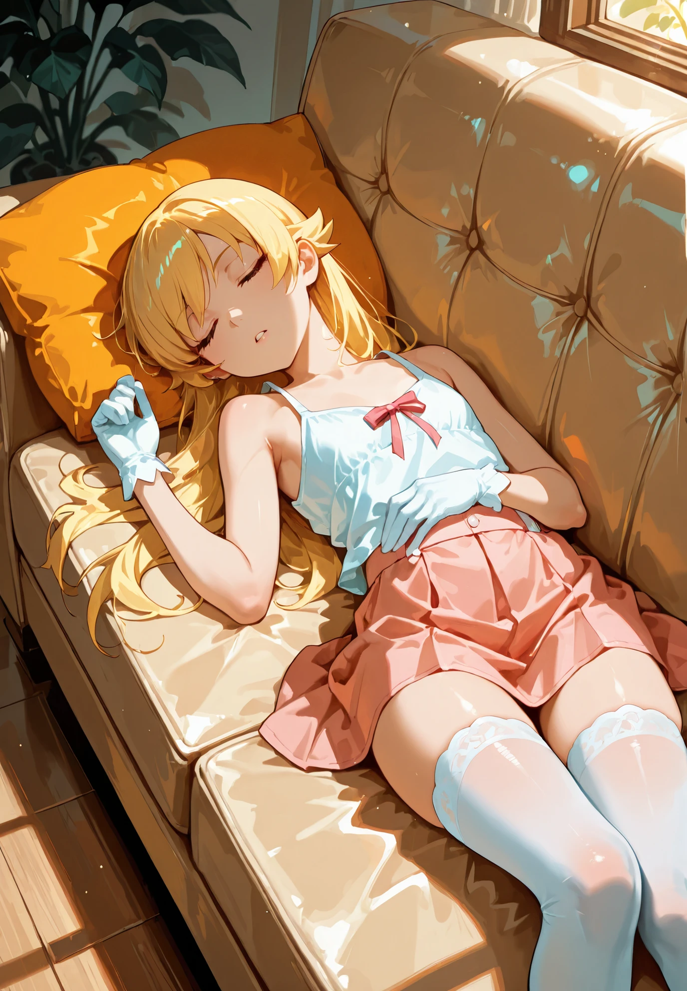 1girl, solo, Shinobu Oshino, Nisemonogatari series, (((young))), long blonde hair, petite figure, tanktop, white gloves, pink skirt, white stockings, lying on a couch, sleeping, alluring atmosphere, beautiful lighting and shadows, BREAK,masterpiece,top quality,warm color,high resolution,high fashion,absurdres extremely,vivid colors,intricate details,best quality,amazing quality,very aesthetic,newest,ultra-detailed,nsfw,