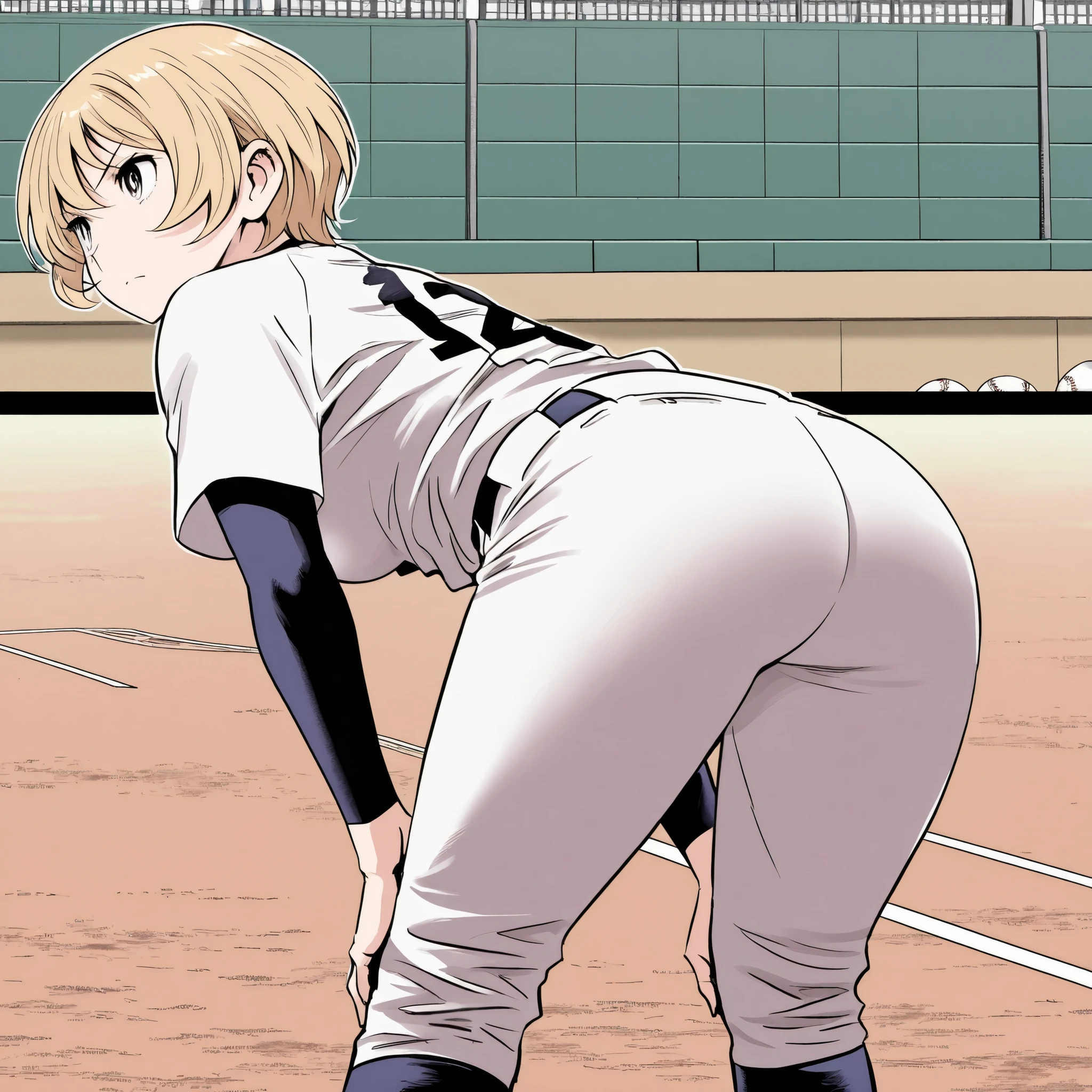 score_9, score_8_up, score_7_up , comic style,(major 2nd style:1.2),nsfw,BREAK,1koma,1girl, michiru, solo, blonde hair, short hair, medium breast,medium hip,BREAK,baseball uniform,holding baseball grove,BREAK,standing,leaning forward,hands on knees,open legs,BREAK,serious,BREAK,looking away,baseball ground,cowboy shot, close up butt,(focus butt:1.5)POV,back view,grabbing butt