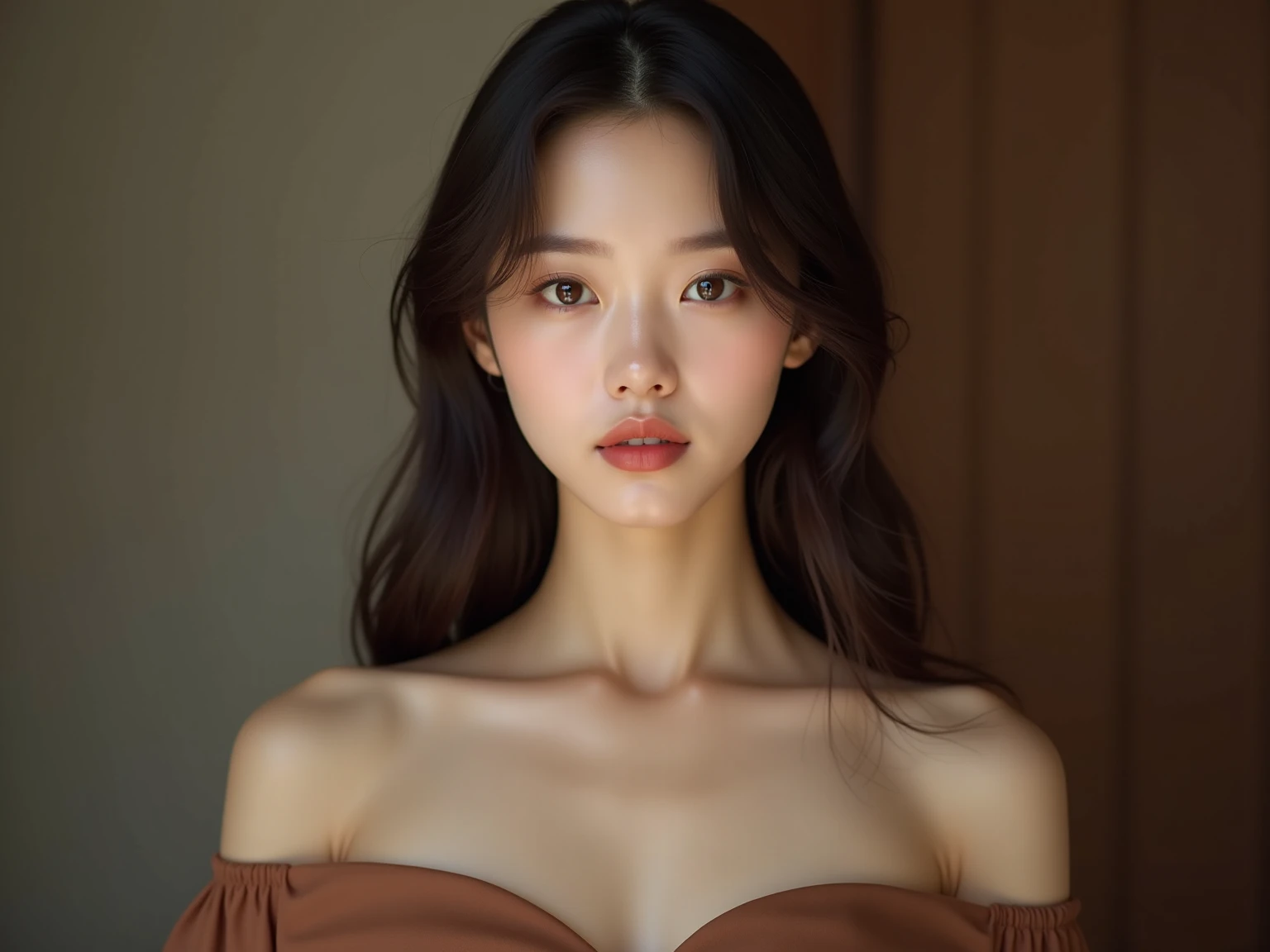 Best quality, masterpiece, ultra high res, (photorealistic:1.4), raw photo,1girl, solo, realistic, lips, looking at viewer, teeth, long hair, parted lips, nose, upper body, brown hair, simple background, brown eyes, big boobs, pink nipples , nude.