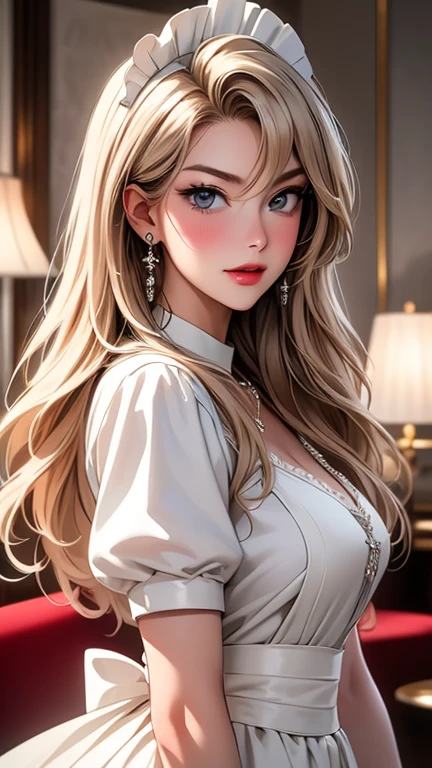 A beautiful girl with long hair in a pink blouse, half-body portrait, painting style, light orange and white marble background wall, elegant pose, side face, delicate makeup, soft lighting, gentle gaze, in the style of romantic manga, pink color scheme, digital art techniques, exquisite details, light gray and amber colors, exquisite brushstrokes --ar 31:?? --stylize 750 --v 6. 1