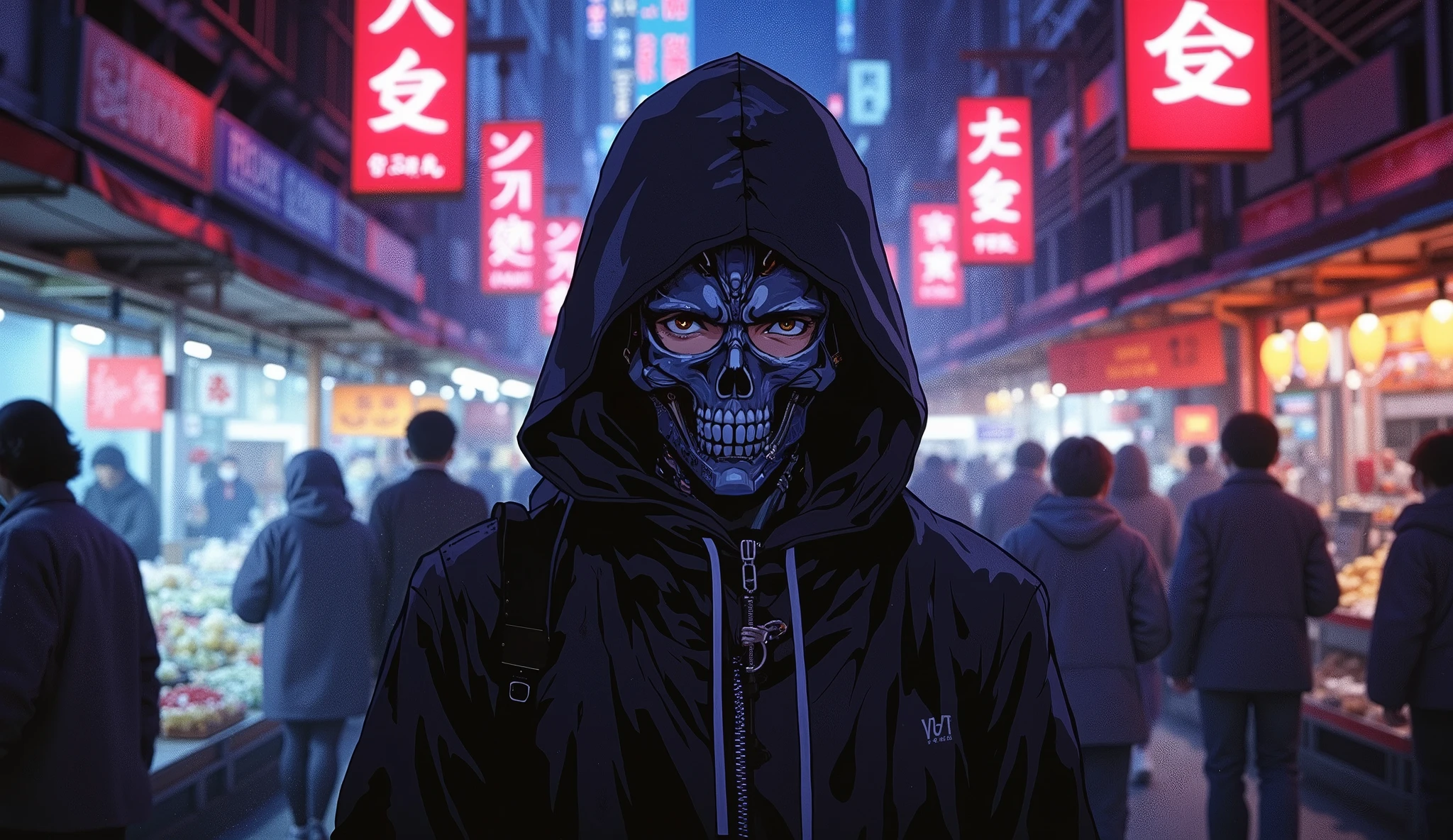 Medium shot of a mysterious hooded anime figure, half his face replaced by a complex cybernetic skull, walking through a busy neon market. Holographic kanji signs float overhead, and vendors sell glowing tech scraps. The crowd is slightly blurred for depth of field. Retro-futuristic 80s/90s anime style, high detail.