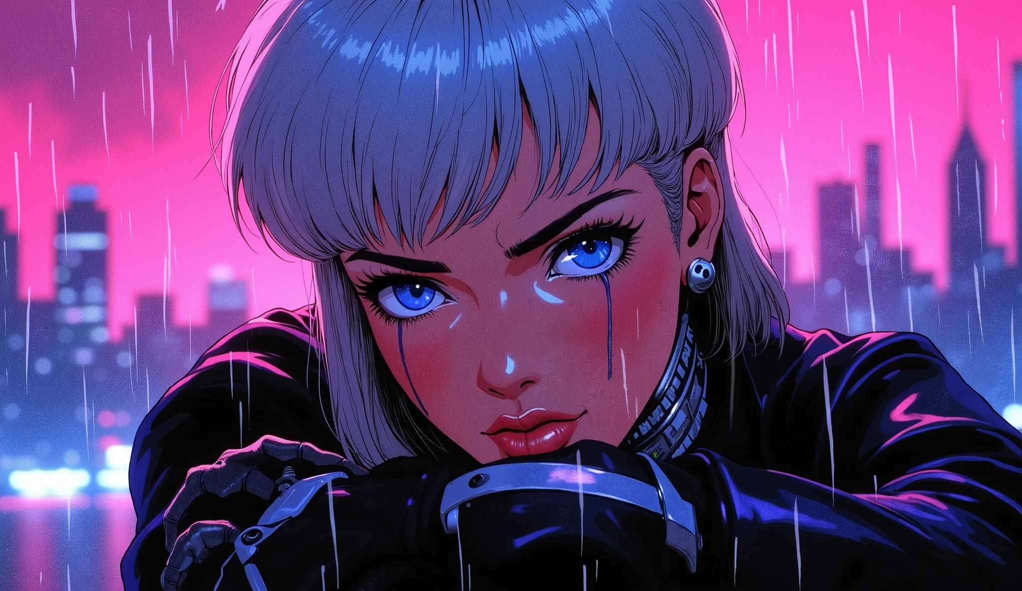 Close-up of a fierce anime woman (80s/90s retro style) with short platinum hair, cybernetic jaw, and glowing blue eyes, leaning on a futuristic motorcycle under heavy rain. Neon reflections ripple across her face. The blurred city skyline glows in magenta