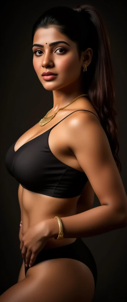 extreme close up photo of  kiara, curvy, hourglass figure, swooping breasts, deep cleavage, seductive eyes, look at viewer, doing push ups on road, necklace, black bra and jeans, Slim And Shape Skinny Jeans, red lips, sultry, ponytail, (cinematic:1.3), intricate details, (ArtStation:1.2)