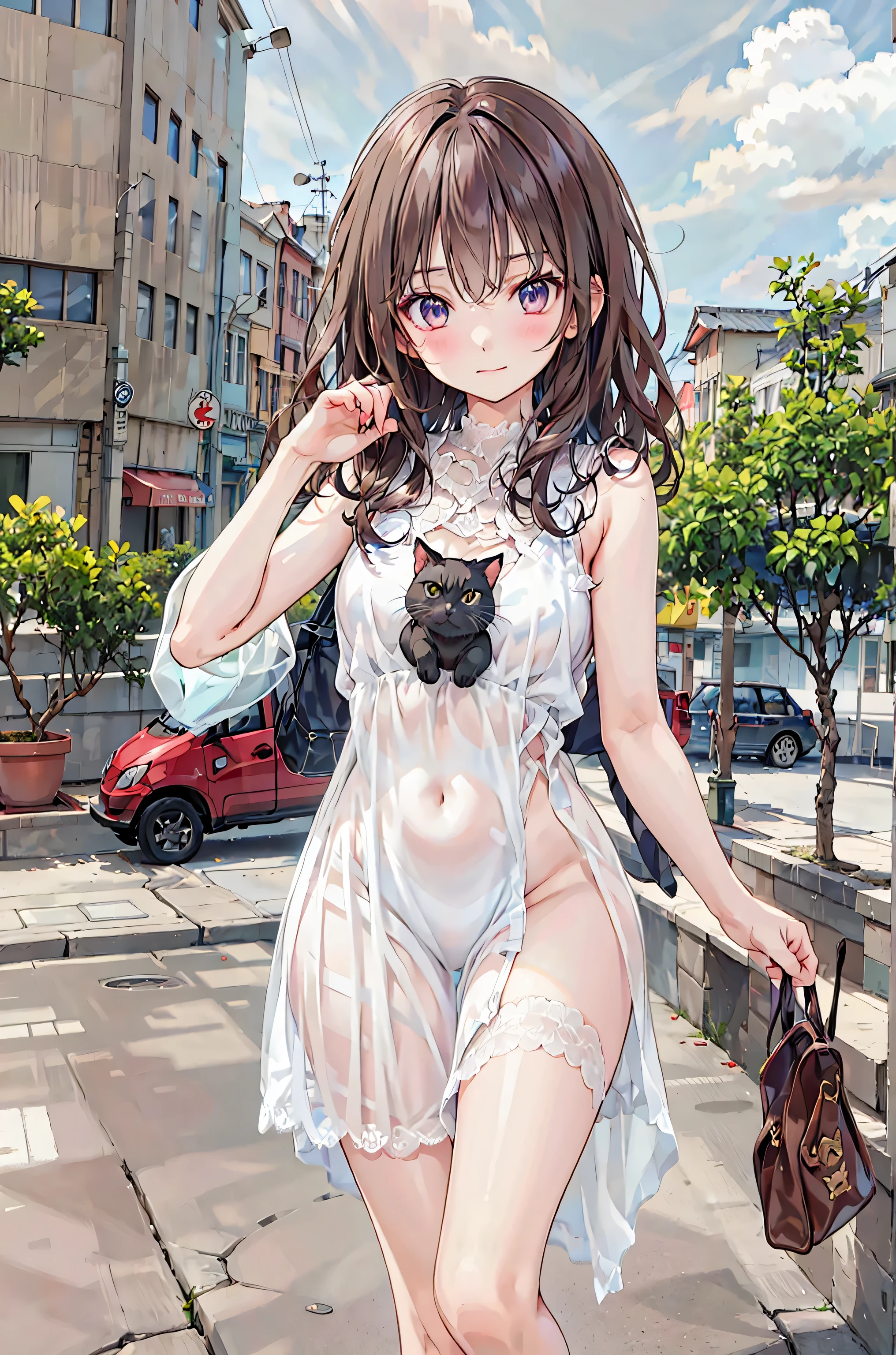 blue t-shirt、wearing a white hat、((cat))、Seaside town、Cute Little、Looking Back、In 8K、large file size、When watching viewers、 looking down on the cityscape、Midnight,details、Long Hair,PastelColors、purple hair carrying a book，brown hair，shortcut，unkempt hair，Short braided hair，Neat，Slender Beauty，correct posture，small breasted，Beautiful legs，Enchanting Gray-Blue Eyes Shine Like Stars，Saggy Eyes，bright colors,Beautiful Eyes,A delicate smile,Textured Skin,best quality,A Gentle and Beautiful Woman,anime style､