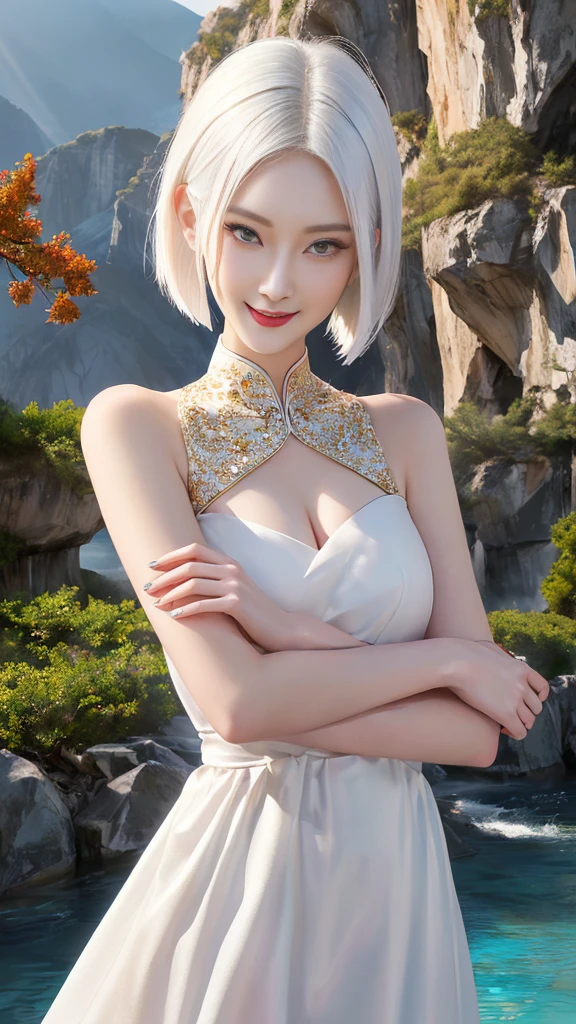 (sfw:2.0),high resolution、Real、8k、(28 years old)、woman1 person、Beautiful symmetrical body、Noble golden robe、(((Hydrangea flower tattoo on chest)))、((Platinum Hair:1.8、ponytail:1.6))、(Enthusiastic:1.1), (woman:1.1),Big Blue Eyes、Droopy eyes、 sharp, Dynamic sexy pose、(Upper body portrait:-1.6)、(perfect body:1.1), Realistic, True Shadow, 3D, (Temple Background:1.8)、A fleshy body、plump body、Perfect proportions, Two-tone lighting, Low ISO, White balance, Large Diameter, 8K Original, Highly efficient subpixels, Subpixel Convolution, Luminous Particles, Light Scattering, (Graceful features), (Perfect face), Dynamic Angle、((Skeletally correct body))