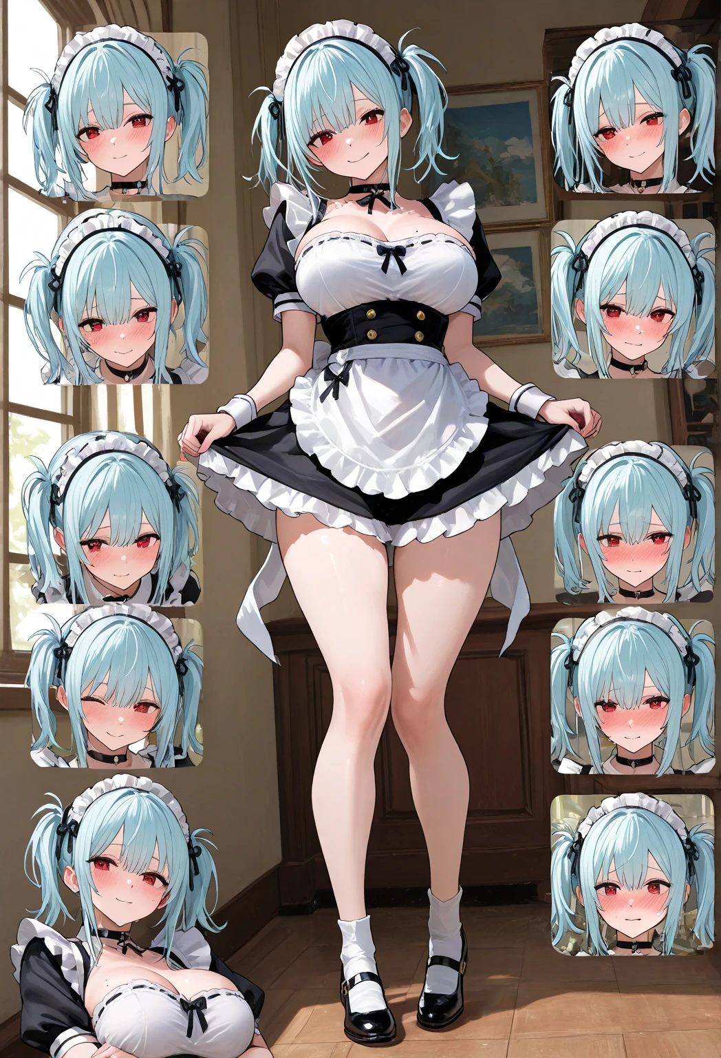belfast_defolt, solo, looking at viewer, chain, choker, cleavage, dress, white skirt,white apron, long hair, white gloves maid apron, maid headdress, white hair <lora:belfast512-1.1ALL:1>