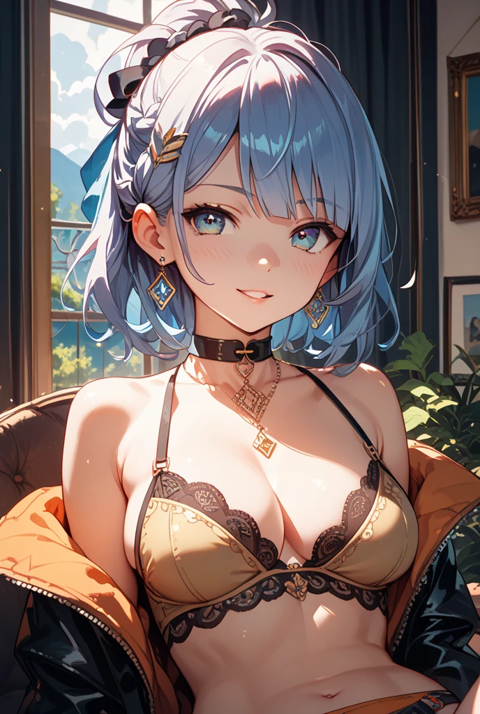(((Masterpiece))), (((Highest quality))), ((Ultra-detailed)), ((Super fine illustration)), ((Ultra-fine painting)), (16K highest quality wallpaper:1.4), (Upper body:1.6), HDR, (Highly detailed and delicate illustration style:1.8), Detailed skin texture, Detailed cloth texture, Extreme detailed description, (T-masterpiece), (Highly detailed face:1.2), (Highly detailed fox ears:1.2), (Highly detailed shiny medium hair:1.2), (Highly detailed beautiful eyes:1.2), Original, RAW photo, Professional, Intricate details, Super details, Direct light:1.6, (Perfect anatomy:1.4), (Highly detailed hands:1.2), (Highly detailed fingers:1.2), (Highly detailed fingertips:1.2), (Sexy), (Sexy), (27-years-old), Real, (Solo:1.6), ((A very beautiful and attractive blue fox fashion model who is a messenger of God and a traditional Japanese sacred shrine maiden:1.4)) BRAKE (Absolutely perfect completely sleeping deeply on the Highly detailed stylish and luxurious bed:1.2) BRAKE (Beautiful and adorable Light-Blue fox ears:1.6), (Highly detailed and delicate Light-Blue fox ears:1.2), (Beautiful and well-shaped big breasts:1.2), (Beautiful and well-shaped buttocks:1.2), (Beautiful and shiny Light-Blue medium hair:1.6), (Highly detailed and delicate Light-Blue medium hair:1.4), (Beautiful clear blue eyes that shine with great detail:1.6), (Highly detailed and delicate blue eyes:1.2), (Highly detailed face:1.4), (Smile:1.4), (Blush:1.6), (Looking at viewer:1.4) BRAKE ((Bright Light-Blue:1.25) sexy lingerie bra:1.3), ((Bright Light-Blue:1.25) sexy lingerie panties:1.3), (Sexy lingerie bra and sexy lingerie panties only:1.6), ((The color of the sexy lingerie is Bright Light-Blue:1.6)) BRAKE (Highly detailed Stylish and luxurious bedroom:1.2), (Highly detailed stylish and luxurious bed:1.2) BRAKE (Just after sunrise:1.5), (Intricate and detailed Beautiful sunrise and castle garden scenery:1.6), (Highly detailed and delicate luxury bedroom and bed in the background:1.4) BRAKE (NSFW) BRAKE
