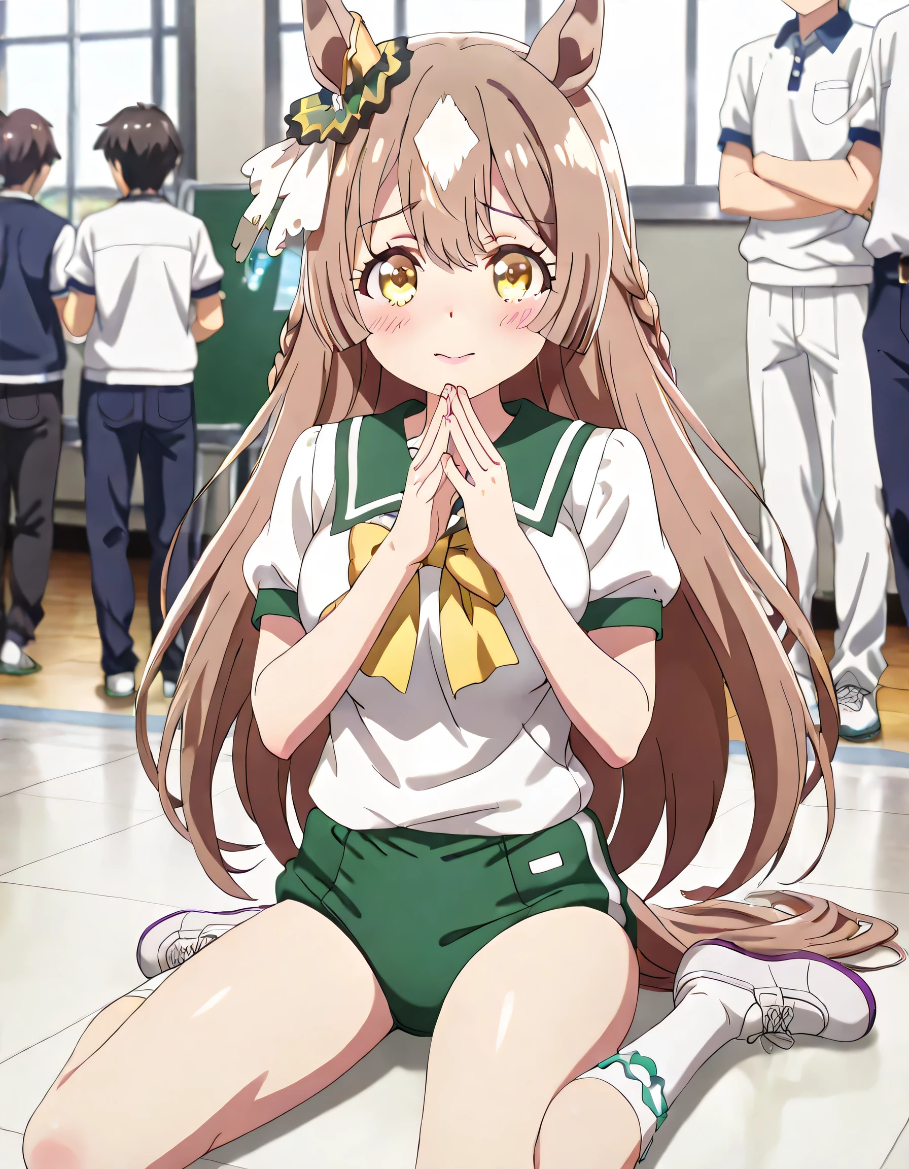 ((ultra-detailed)), (highly detailed CG illustration), (best quality:1.2), ultra-highly detailed, colorful composition, artistic photoshoot, 1girl, solo focus, upper body:1.3, moe anime character,round face, rounded chin:1.2, short stature, styoung, horse girl, yellow eyes, ear ornament, casual, white gym uniform with light green rim:1.3, light green school gym buruma, full body view, intricate design, graceful posture, poised expression, delicate curls, soft shading, harmonious color palette, ethereal ambiance, sitting, pink lips, gentle smile:1.2, blush:1.2, from side, dynamic pose, contrapposto pose,kawaii background, best quality, masterpiece, portrait, depth of field, soft lighting, sidelighting, shine, lighting, caustics, ray tracing, perfect face, lustrous skin, highly detailed face, highly detailed eyes, perfect face, perfect nose, perfect hair, perfect eyes, perfect anatomy, beautiful hair, beautiful small face, extremely detailed face, beautiful detailed eyes, beautiful clavicle, beautiful body, beautiful ample breasts, leavage, breasts squeezed together, equalize the size of the left and right breasts, beautiful thin thighs, beautiful legs, beautiful fingers, 4 fingers, 1 thumb, lovely, (very detailed background:1.0), (highly detailed background:1.0), kawaii aesthetic, intricate details, girly atmosphere, pastel colors palette, chromatic aberration