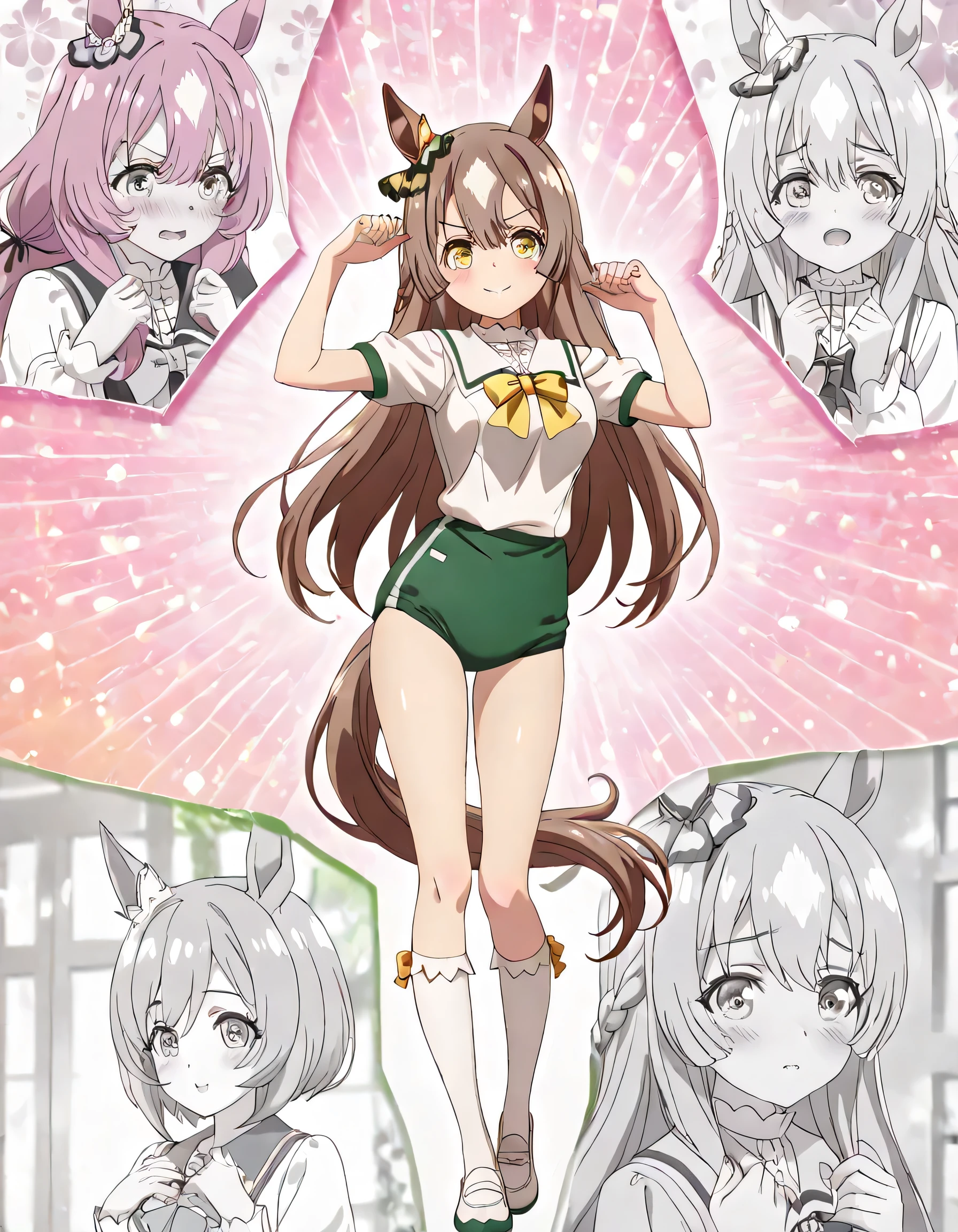 ((ultra-detailed)), (highly detailed CG illustration), (best quality:1.2), ultra-highly detailed, colorful composition, artistic photoshoot, 1girl, solo focus, upper body:1.3, moe anime character,round face, rounded chin:1.2, short stature, styoung, horse girl, yellow eyes, ear ornament, casual, white gym uniform with light green rim:1.3, light green school gym buruma, full body view, intricate design, graceful posture, poised expression, delicate curls, soft shading, harmonious color palette, ethereal ambiance, sitting, pink lips, gentle smile:1.2, blush:1.2, from side, dynamic pose, contrapposto pose,kawaii background, best quality, masterpiece, portrait, depth of field, soft lighting, sidelighting, shine, lighting, caustics, ray tracing, perfect face, lustrous skin, highly detailed face, highly detailed eyes, perfect face, perfect nose, perfect hair, perfect eyes, perfect anatomy, beautiful hair, beautiful small face, extremely detailed face, beautiful detailed eyes, beautiful clavicle, beautiful body, beautiful ample breasts, leavage, breasts squeezed together, equalize the size of the left and right breasts, beautiful thin thighs, beautiful legs, beautiful fingers, 4 fingers, 1 thumb, lovely, (very detailed background:1.0), (highly detailed background:1.0), kawaii aesthetic, intricate details, girly atmosphere, pastel colors palette, chromatic aberration