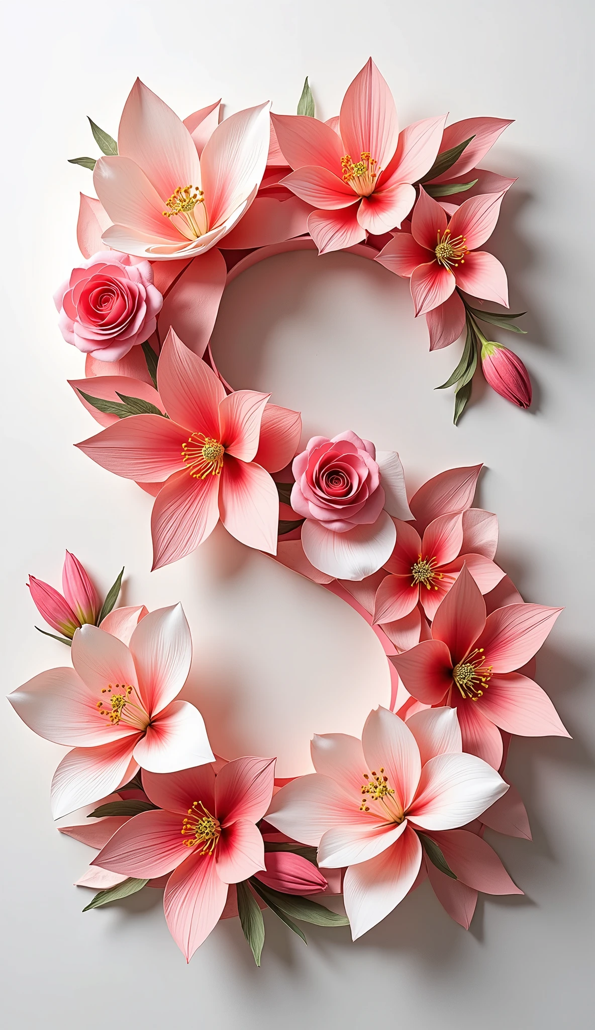 magazine cover style, letter "flower" On it , Layered paper, Paper Art, 压flower , 压flower玫瑰, 压flower百合, pink theme, Japanese paper , Blank Background, paper background, Collage Art