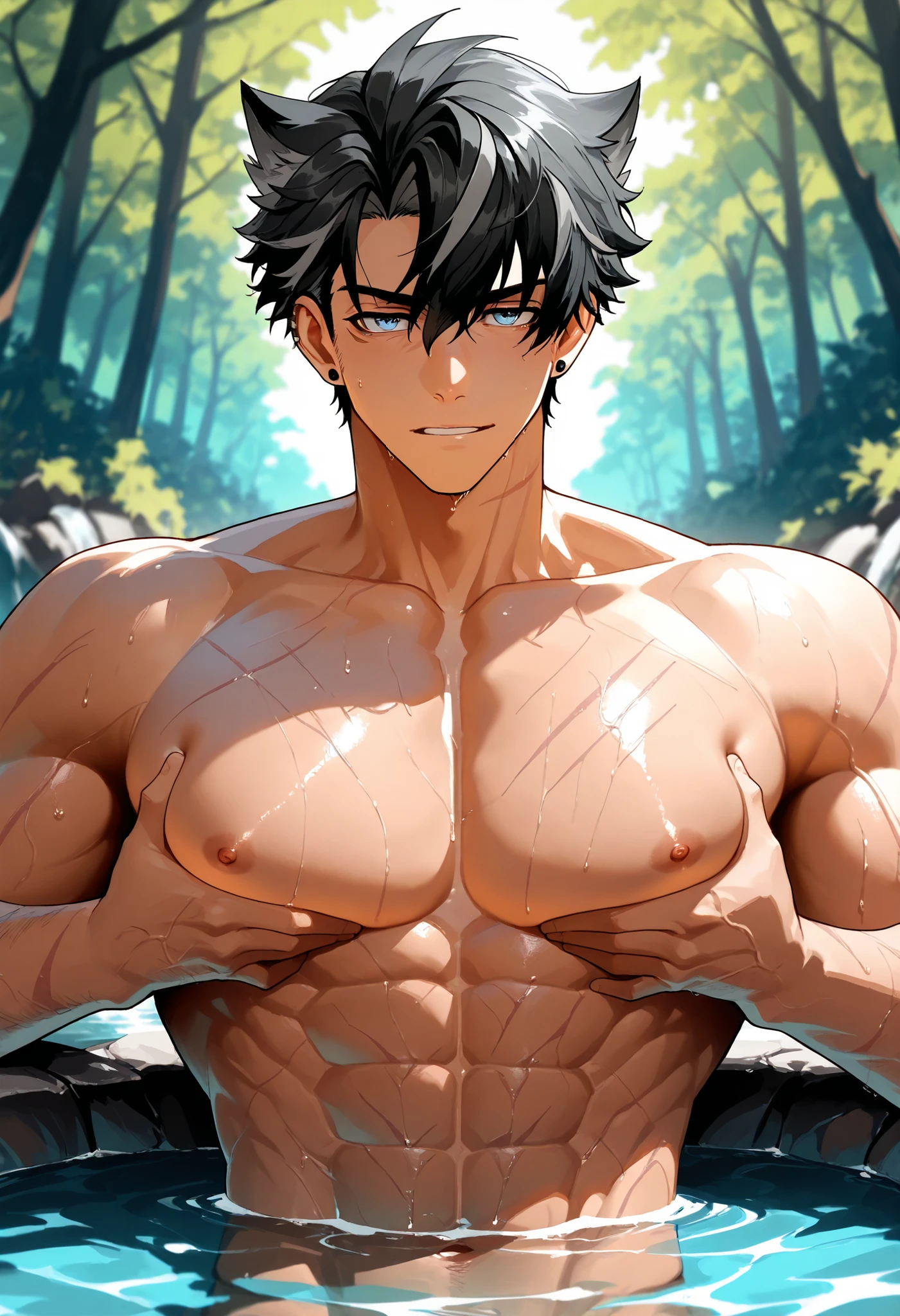 (human) a men Wriothesley, taking a bath in a river in a forest, grabbing his chest, squeezing your own chest, sitting with only the upper part of the body exposed, lower part of the body visible underwater, squeezing your own chest, neaked, waterfalls, short haircut, black hair, blue Eyes, Light skin with a slight tan. Tanned, trending on bbwchan, up close wriothesley, inspired by Abdullah Gërguri, perfect muscle structure, muscular men, very attractive men, alone, muscular musculature, , beautiful musculature, aesthetic stretch marks, inspiring physique, lean musculature, square pecs, beautiful v-shape, great abs and torso, (male face) chiseled abs, chiseled pecs, with his black military haircut and voluminous neck, narrow waist, human, attractive face, masculine face. Looking at the viewer, a men who presence inspires confidence and respect.