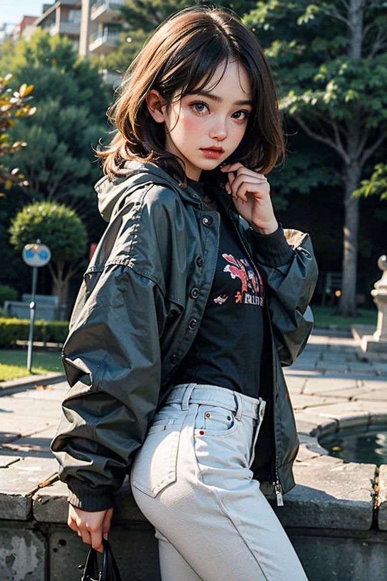 A close up of a woman in a short skirt and jacket - SeaArt AI
