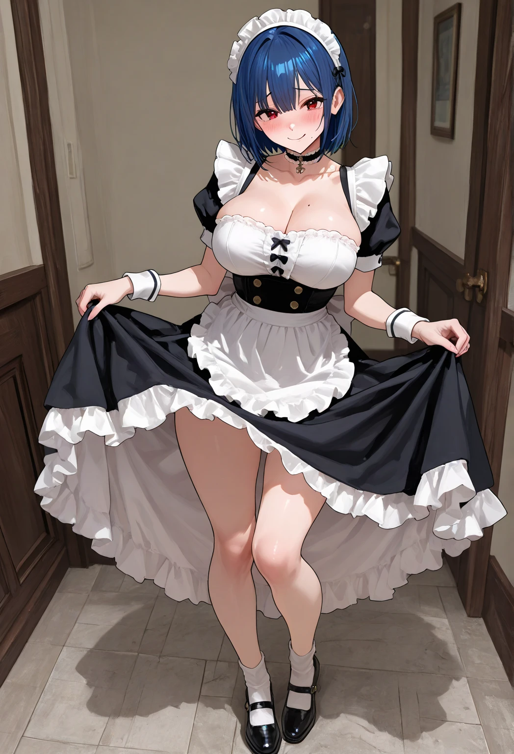 ((masterpiece)),((best quality)),ultra-detailed,illustratio,maid, maid headdress, 1girls, apron, purple hair, brown eyes, ribbon, short hair, long sleeves, chandelier, blue hair, solo focus, looking at viewer, sidelocks, puffy sleeves, hair ribbon, breasts, waist apron, window, medium breasts, indoors, juliet sleeves, v arms, red ribbon, neck ribbon, dress,Beautiful body,Beautiful Nose,Beautiful character design,perfect eyes,perfect face,alluring,wallpaper,perfect lighting,Colorful,ultra highres,4K,photography,(Beautiful,medium breasts:1.5),(beautiful face:1.2),(narrow waist),(full body:1.3),shiny skin,anime screencap,nsfw, <lora:Fujikura Yu:0.7>