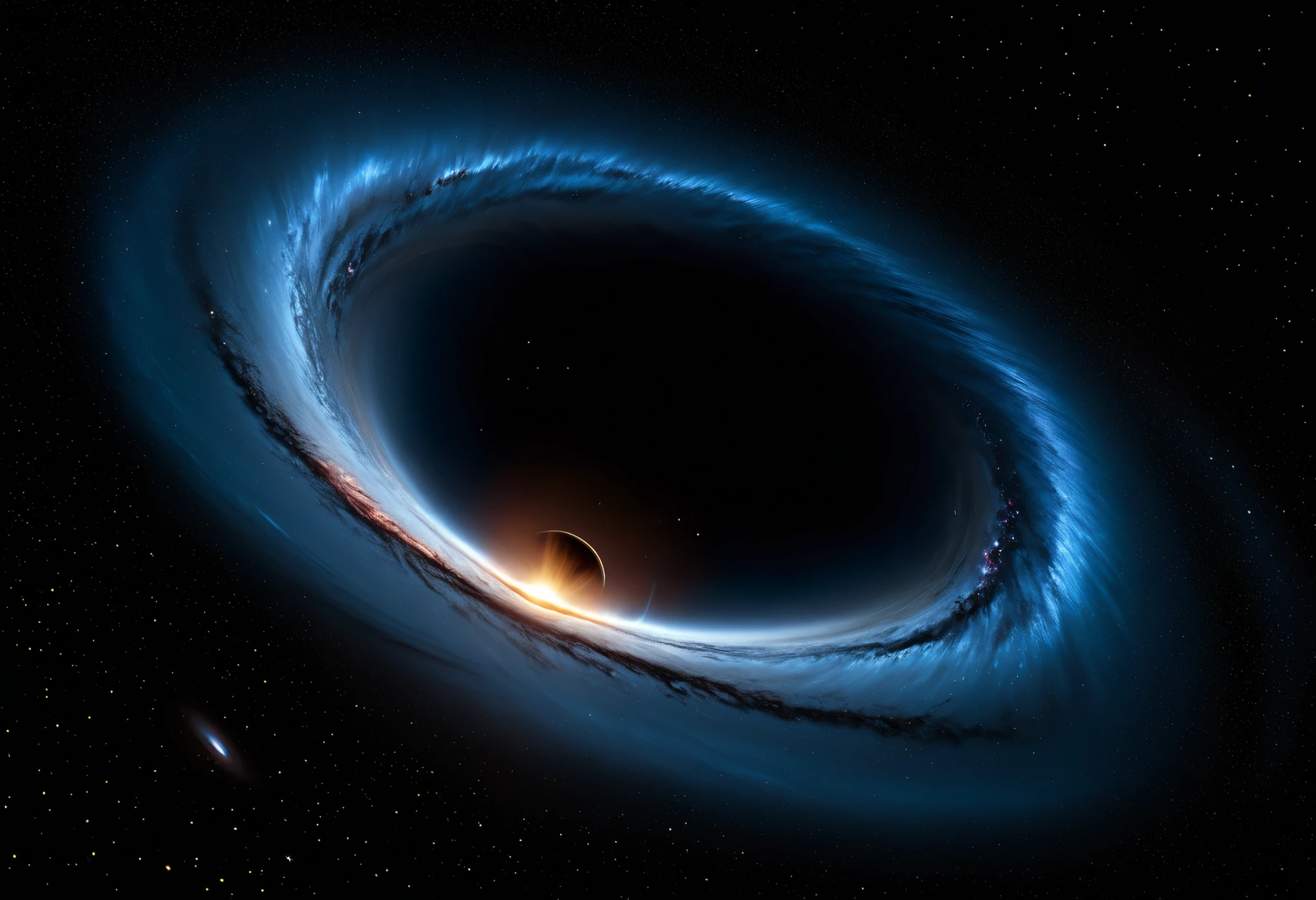 A hyper-realistic, high-resolution image of a black hole in deep space. The event horizon is perfectly circular and pitch black, surrounded by a glowing, swirling
accretion disk of dust and gas. Gravitational lensing bends light around the black hole, creating a glowing ring effect with faint, curved streaks of light.
The surrounding space is dark and mysterious, with faint nebula clouds and stars subtly visible in the distance. Style inspired by Interstellar (2014) black hole,
cinematic lighting, high contrast, ultra detail, photorealistic, 8K resolution