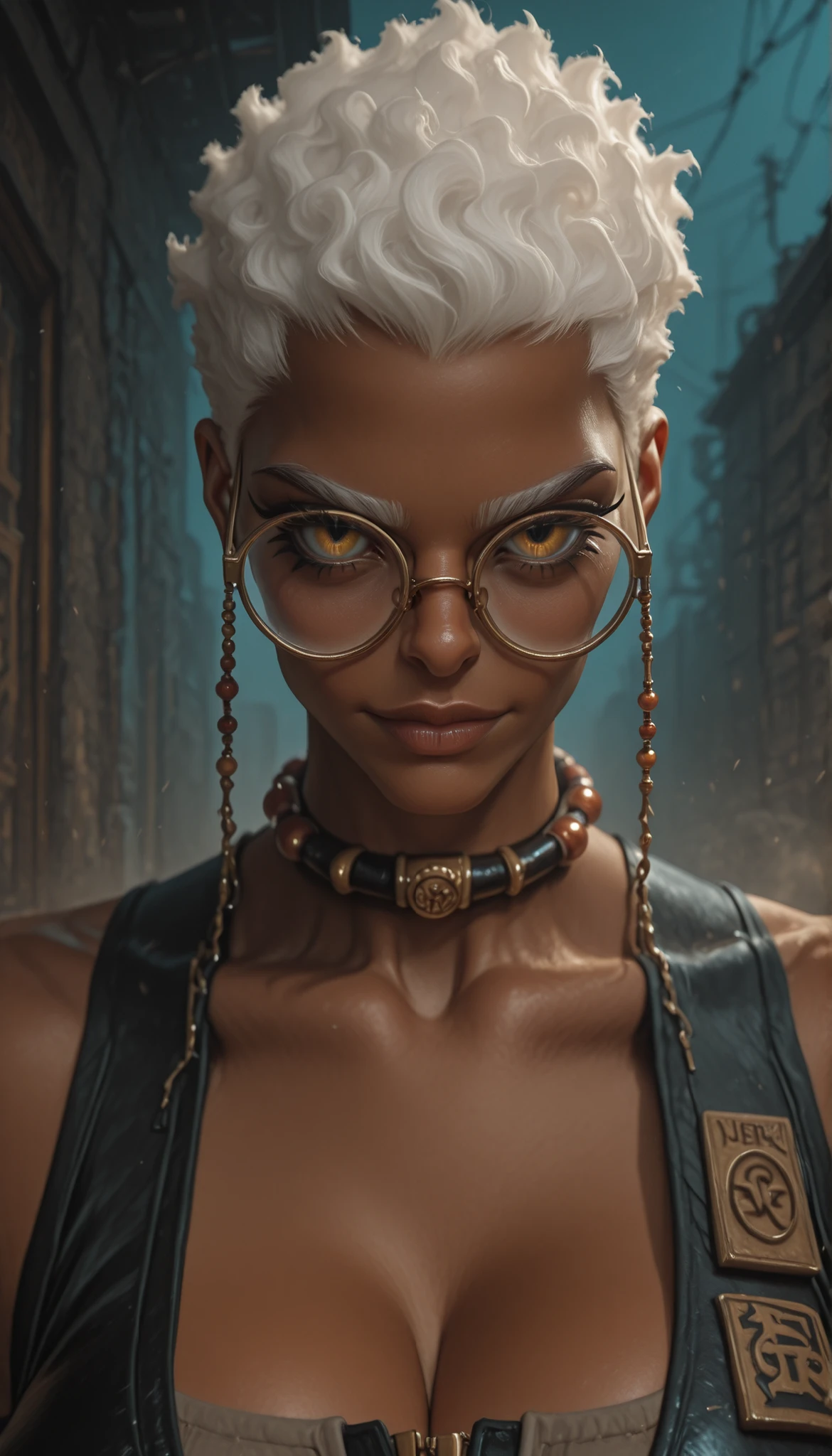 1woman, solo, lazypos, round glasses,Her glasses are connected by a beaded chain to her collar, manga-style, dark-skinned, Semiu Grier,fierce gaze, huge breasts, tight outfit emphasizing her athletic build, dark skin, light smile, white curls tousled by wind, cinematic lighting with deep shadows and highlights, muted post-apocalyptic color scheme, ultra-realistic, 8K, hyperrealstic details,upper body, face focus, close up