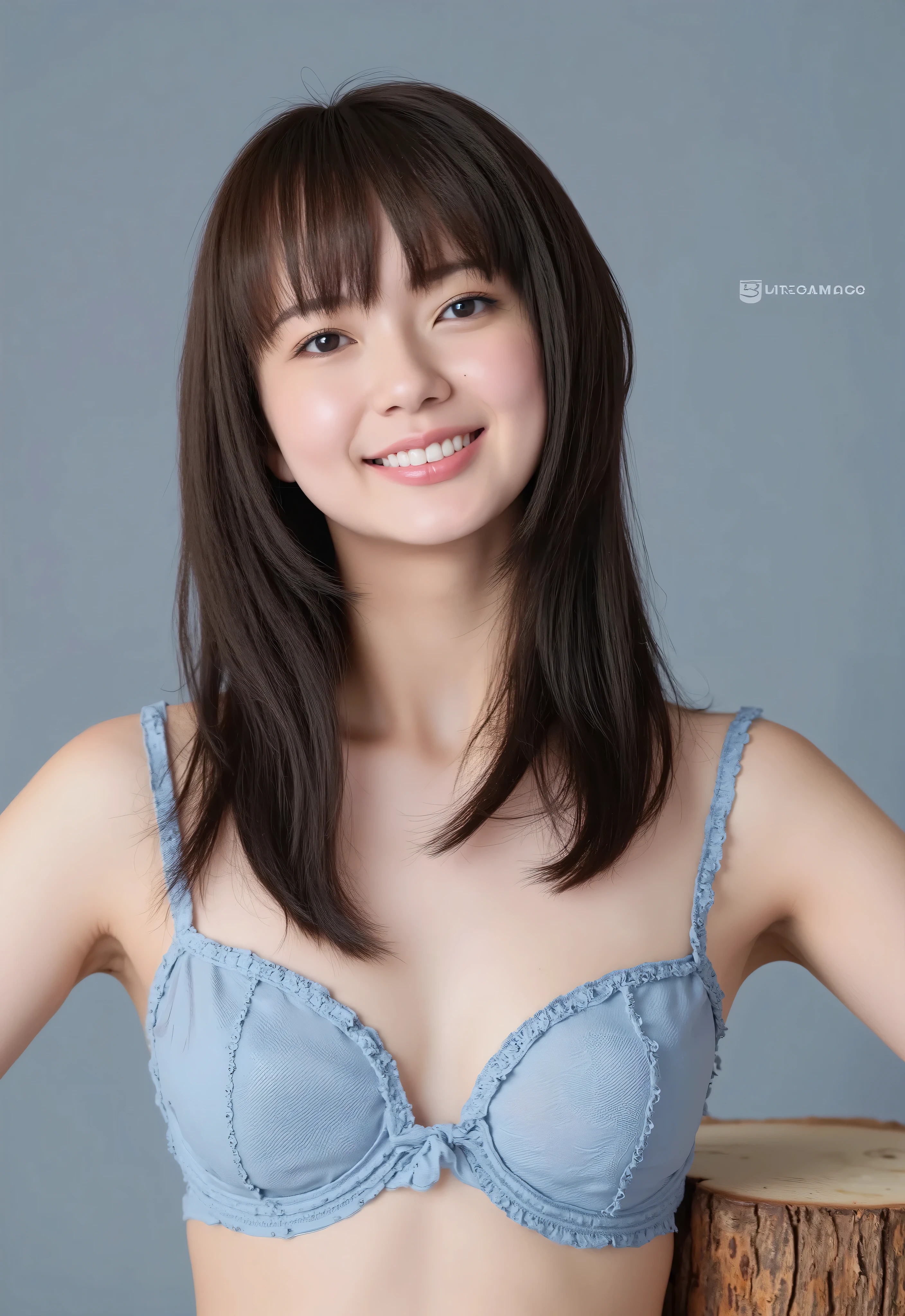 young Japanese woman、 mikako tabe、black hair、 ear piercings、smile、 Beautiful alignment of teeth、big boobs、Light blue transparent erotic bra with lace 、gray background