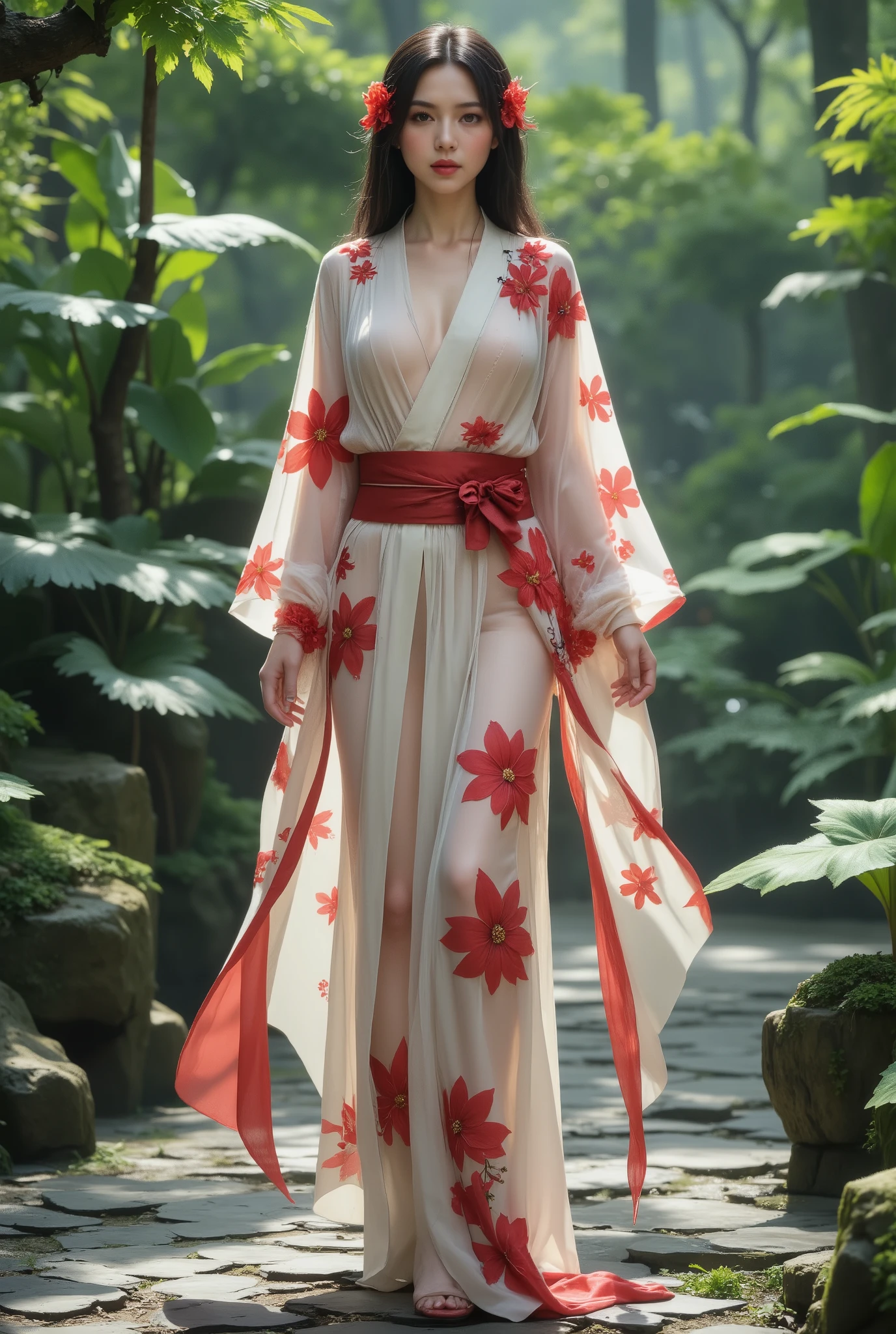 Create a full-body image, General plan, of a beautiful oriental woman, young woman standing in a park with lush and strange vegetation. wearing only a very transparent Japanese tunic with red floral decorations.