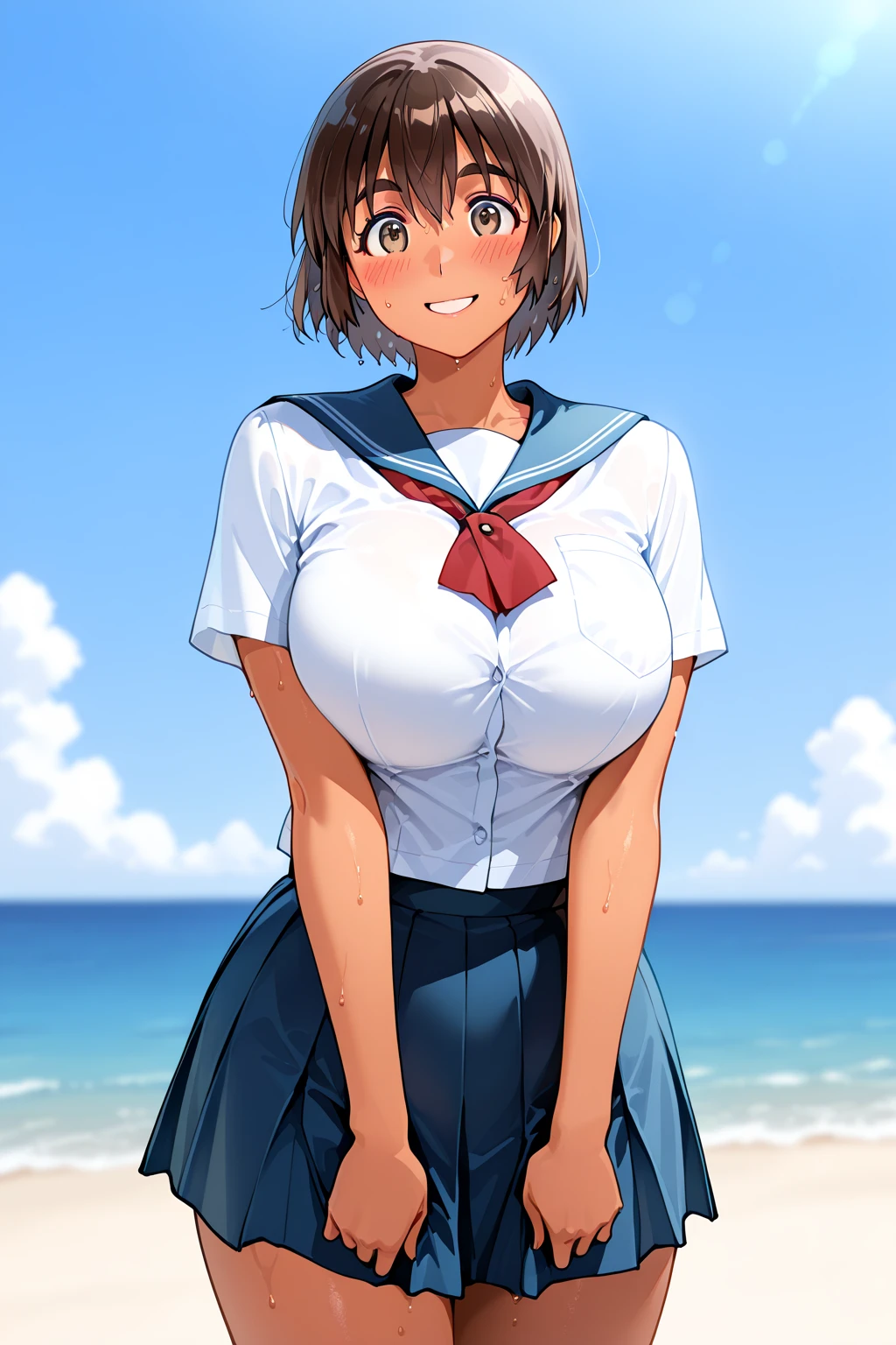 score_9_up, score_8_up, score_7_up, 1girl, solo, source_anime, hourglass figure, Big breasts, kemonomimi, bear ears, brown hair, short hair, messy_hair, blue eyes BREAK freckles, shimakazecosplay, shimakaze \(cosplay\), highleg panties, black neckerchief, microskirt, striped thighhighs, highleg, black panties, elbow gloves, thong, blue sailor collar, white gloves, crop top, sailor collar, blue skirt, black hairband, bunny ears, smirk, closed mouth, looking at viewer, standing, ocean, blue sky, shirt lift, nipples, tongue, blush