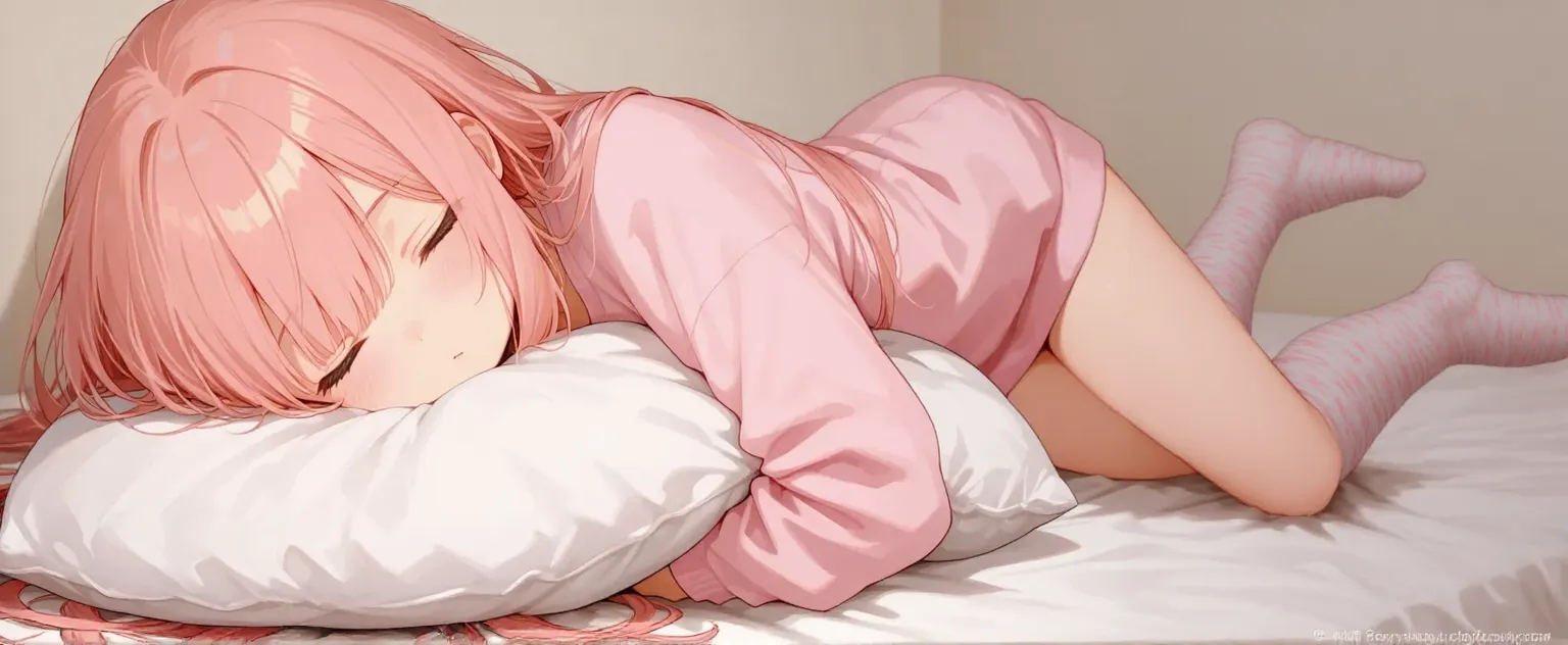 (((A woman lying on a white futon in a Japanese-style inn with her back being stroked by a man's hand:1.3 Pink massage outfit:1.3))) (((brown hair:1.3. Sweat:1.3))) (((She has wavy hair, a bob cut, and side-swept bangs.)))