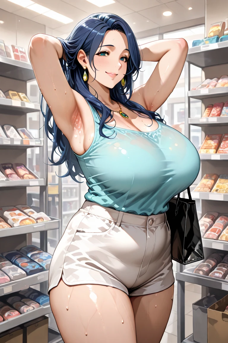 ,illustration of a woman in clothing store, short buttoned blouse with tight red jeans, love handles, belly skinny:1.3, skin indentation, deep skin, best quality, extremely high resolution, sharp focus, dynamic, inside a clothing store (creativity:1.3), chubby belly bulge, Norman Rockwell style (in the style of robutts) (in the style of cowboy bebop) (character design sheets)