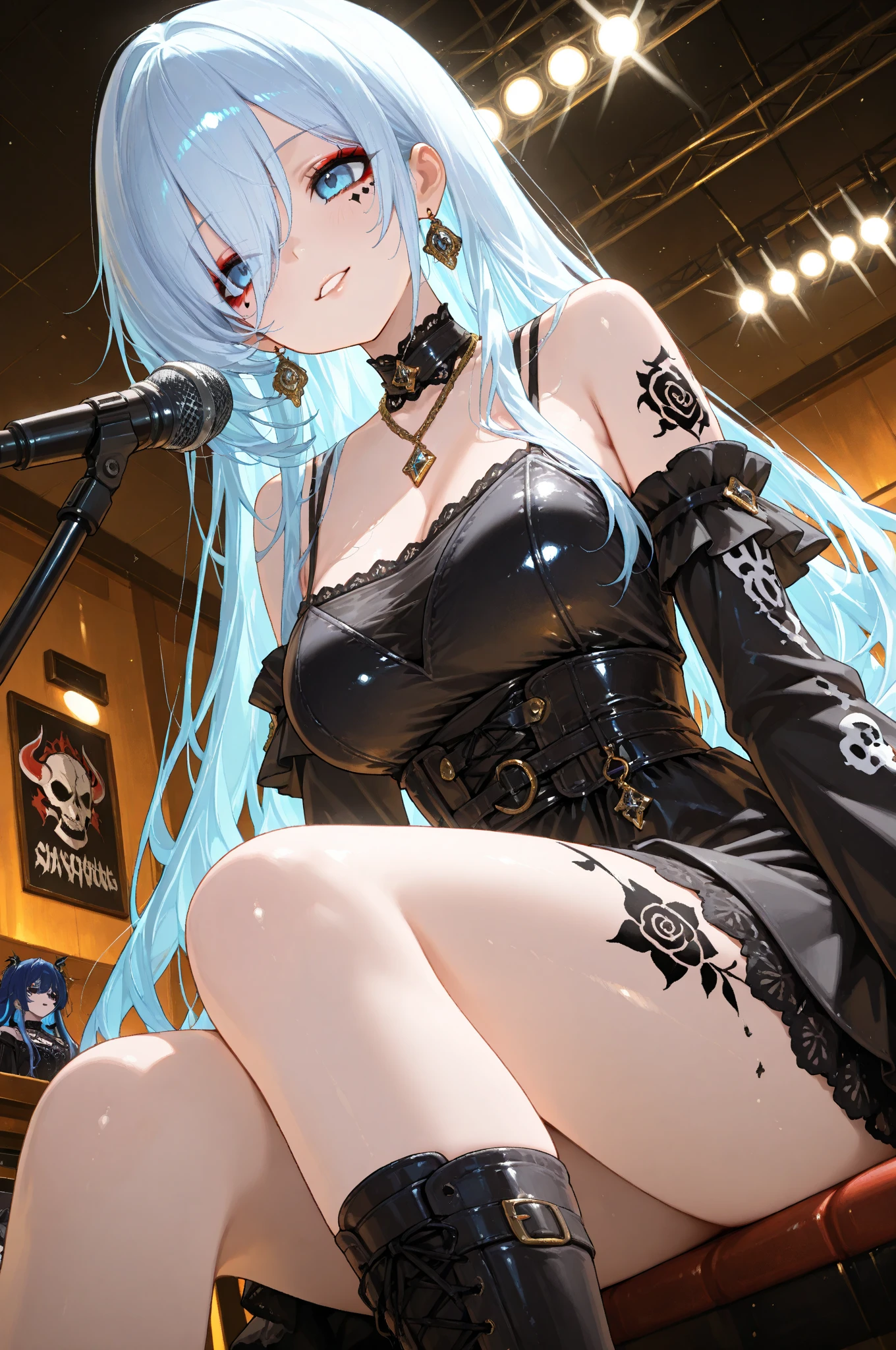 1girl, alcohol, bangs, bare shoulders, bikini, black bikini, black choker, black panties, blue eyes, blue hair, choker, cleavage, collarbone, crossed legs, cup, detached sleeves, drinking glass, hair between eyes, hat, holding, holding cup, ice, large breasts, kcccc, lips, long hair, looking at viewer, military hat, nail polish, panties, parted lips, peaked cap, sitting, solo, swimsuit, thighhighs, thighs, underwear, very long hair, white thighhighs, wine glass
<lora:mmd++++:1>