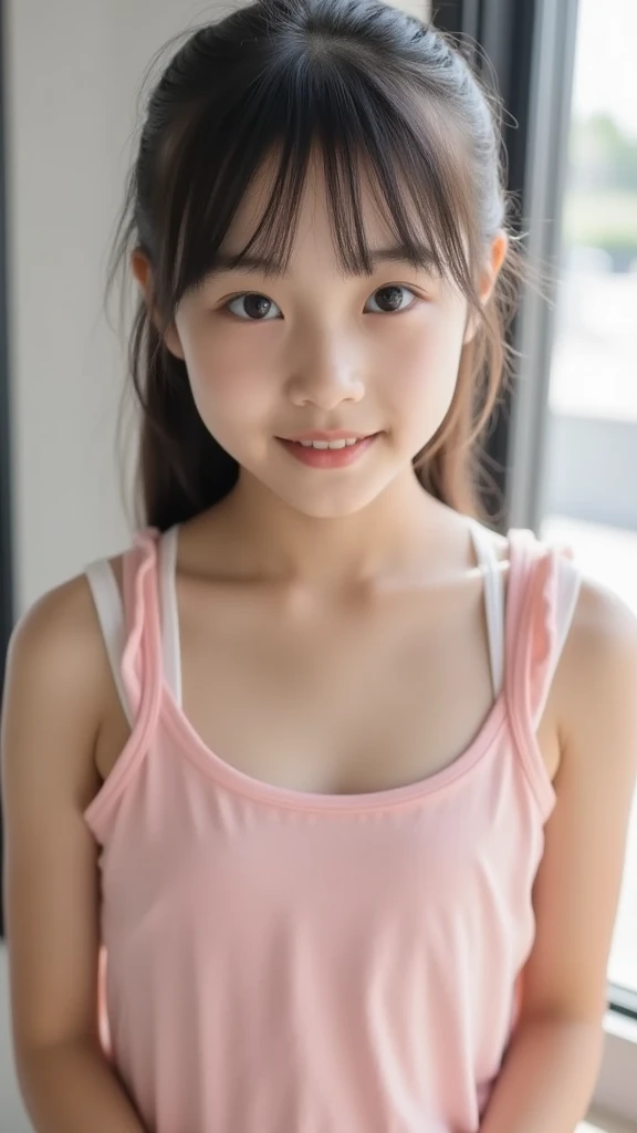 Japanese,Beautiful girl at 6 years old:1.85,Baby Face:1.85、Ultra-flat chest:1.85、Ultra short height、An innocent smile,cute,Primary school students,女子Primary school studentsの私服,Summer clothes、clavicle、Black Hair、Nipples are visible、Inside the kindergarten、Childish、Smiling with teeth showing