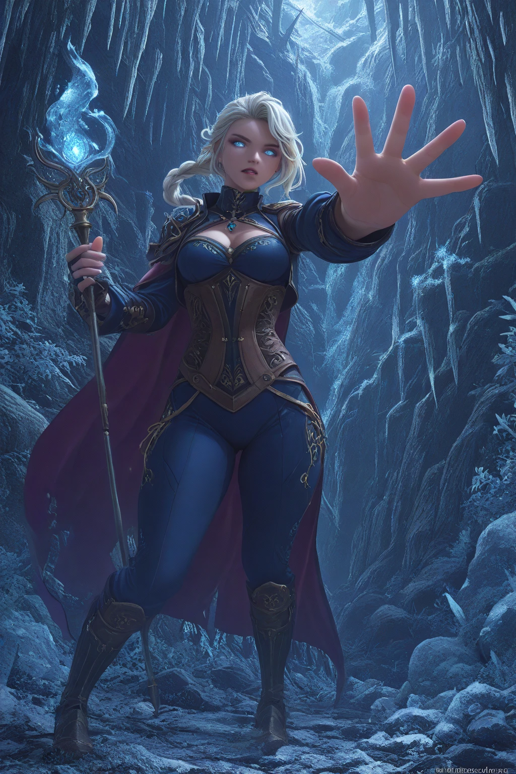 (highres, high quality:1.2), intricate details, cinematic lighting, ambient occlusion,
JainaProudmoore, 1girl, solo, full body, standing, holding, (glowing long staff:1.1), sunny weather, jungle, waterfall, fantasy, complex background,
looking at viewer, scowl, 
white hair, blonde hair, streaked hair, single braid, eyeshadow, lipstick, makeup, detailed face, blue eyes, anchor necklace,
blue clothes, cape, single pauldron, cropped jacket, corset, detached sleeves, gloves,single gauntlet, (blue pants:1.1), knee boots, 
curvy, large breasts, cleavage,
 <lora:JainaProudmooreV1:0.9>