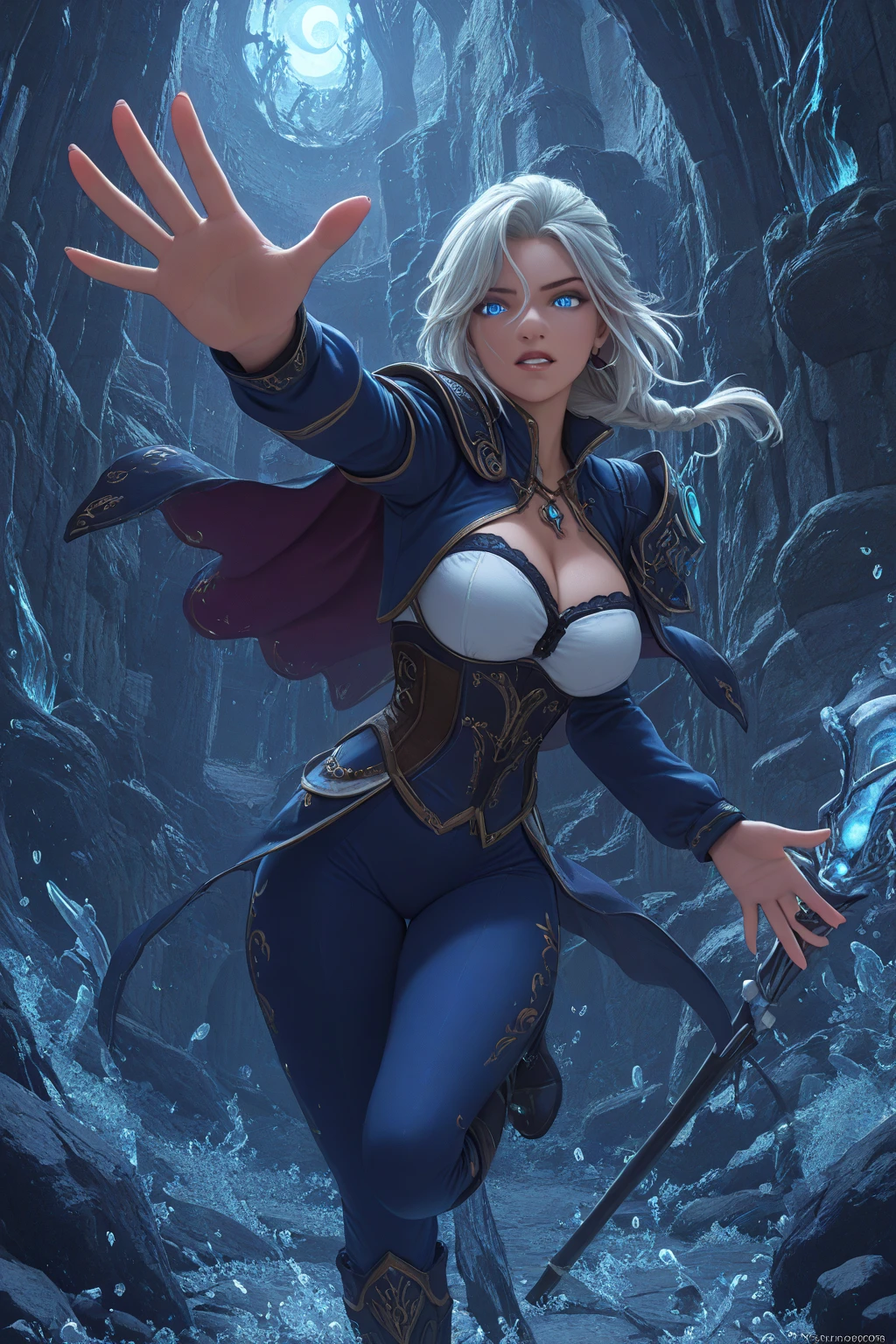 (masterpiece, best quality, perfect face, beautiful and aesthetic:1.2, dynamic angle, highest detailed face), (beautiful female elf witch, long messy silver hair, purple eyes, huge breasts, narrow waist, perfect fit body), shapely butt, thick tights, (fawless porcelain skin:1.8, pale skin:1.3), perfect fit body, (inside dark desolated cave), (blue theme:1.2), glowing, (blue aura:1.2), (blue energy), floating hair, telekinesis, blue energy magic swirling around), (extremely detailed eyes), detailed skin, skin pores, ((very revealing white robes)), enchanting gaze, full body portrait, cinematic lighting, darkness, dark scene, (dim light), mute lighting, dimly lit, looking at viewer, seductive pose:1.4, full shot, (solo:1.4), (high quality, CG, 4k, extremely detailed, hyper realism, dramatic light, sharp, HDR)