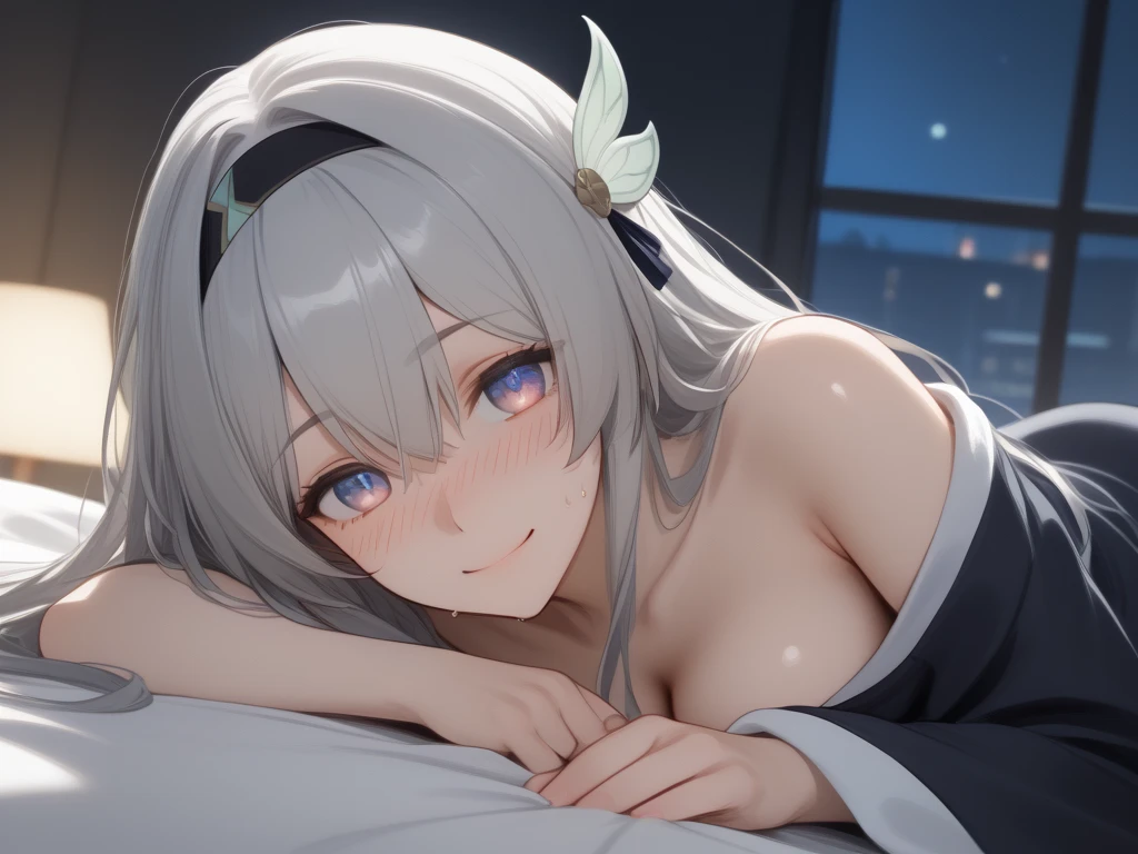Sleeping　anime　Gray Hair　night　Bed　Upper Body