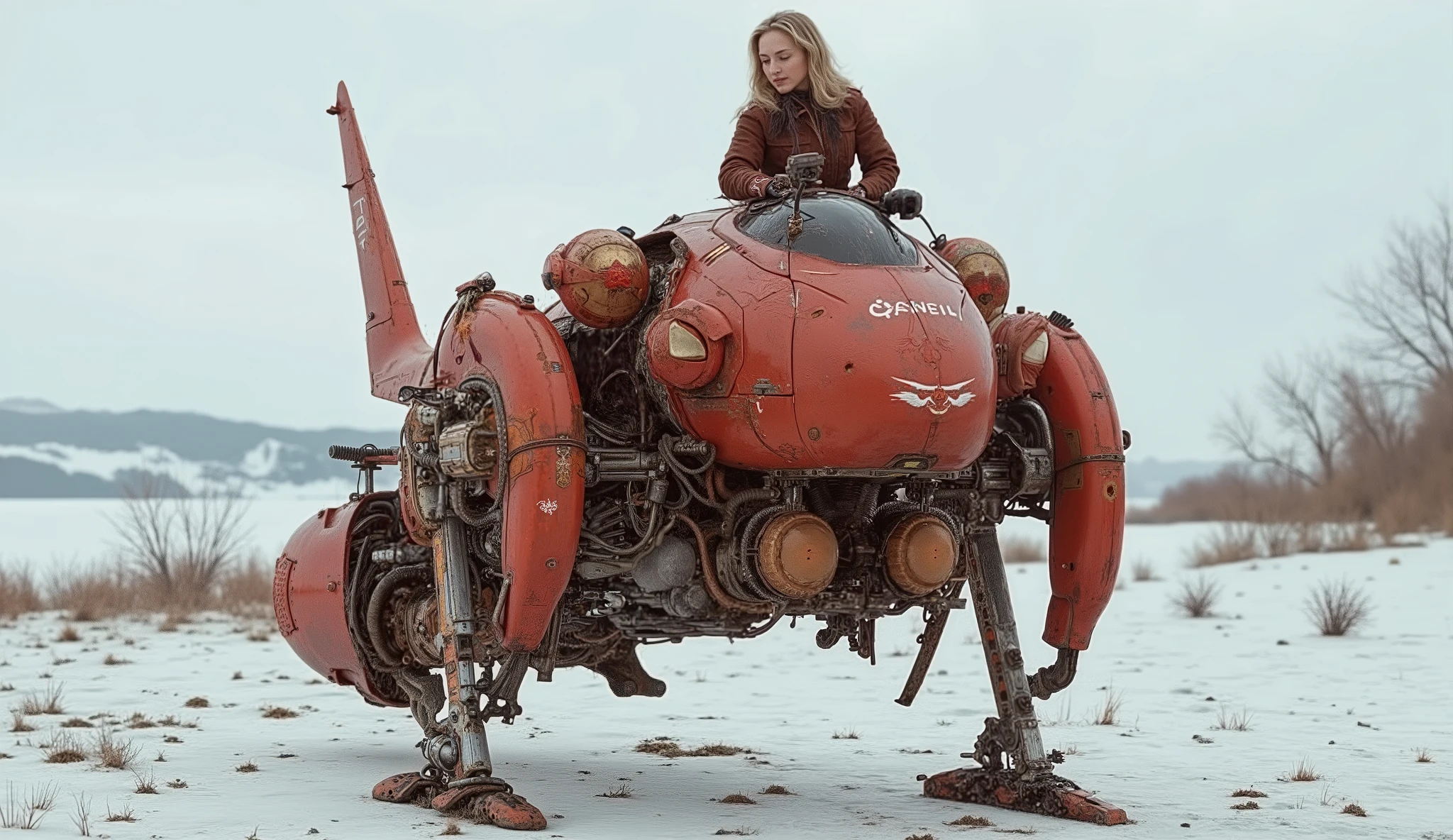 (masterpiece. ultra high definition .realistic)、small combat walking weapon with a total height of 2 meters、two-legged walking robot with thin ostrich legs、Very old lightweight robot、Ultra-fine machine-made ostrich legs、Bird leg joints、Exposed fine machinery、bald paint 、 RUSTED AIRCRAFT 、Female Pilots Sit in the cockpit cockpit、beautiful female soldiers、female guerrillas、female guerrillasは完璧な体です、The female pilot straddles the robot like driving a motorcycle、Female Pilots Wear Warm Military Uniforms、 retro combat robot、goldsmithing decoration showing tribal chiefs、Motorcycle handlebars、motorcycle mirror、two small headlights、 Technology from an Unknown Ancient Civilization 、2 diesel engines、exhaust muffler、Steam engine、steam、steamパイプ、Complex cables、 a very beautiful pilot、The pilot is a girl、is very well detailed, , detailed pictures, 、Huge turret、Linear space combat robot、handmade by goldsmiths、Launched Metal Surface、angled and linear design、 World War I、((just one small Balkan machine gun))、 actual photo 、Actual product、  Summer in the tundra region、 defies modern aerodynamics、 Handmade by Skilled Craftsmen 、Engraved metal plates、Engraved with intricate patterns by a metalsmith、scarlet-colored armor、The cockpit has an open top and no glass canopy.　and marked with a tribe pattern、is loaded with luggage packed in sacks、Documentary Photo、((nsfw:1.4))、((looking up from below))