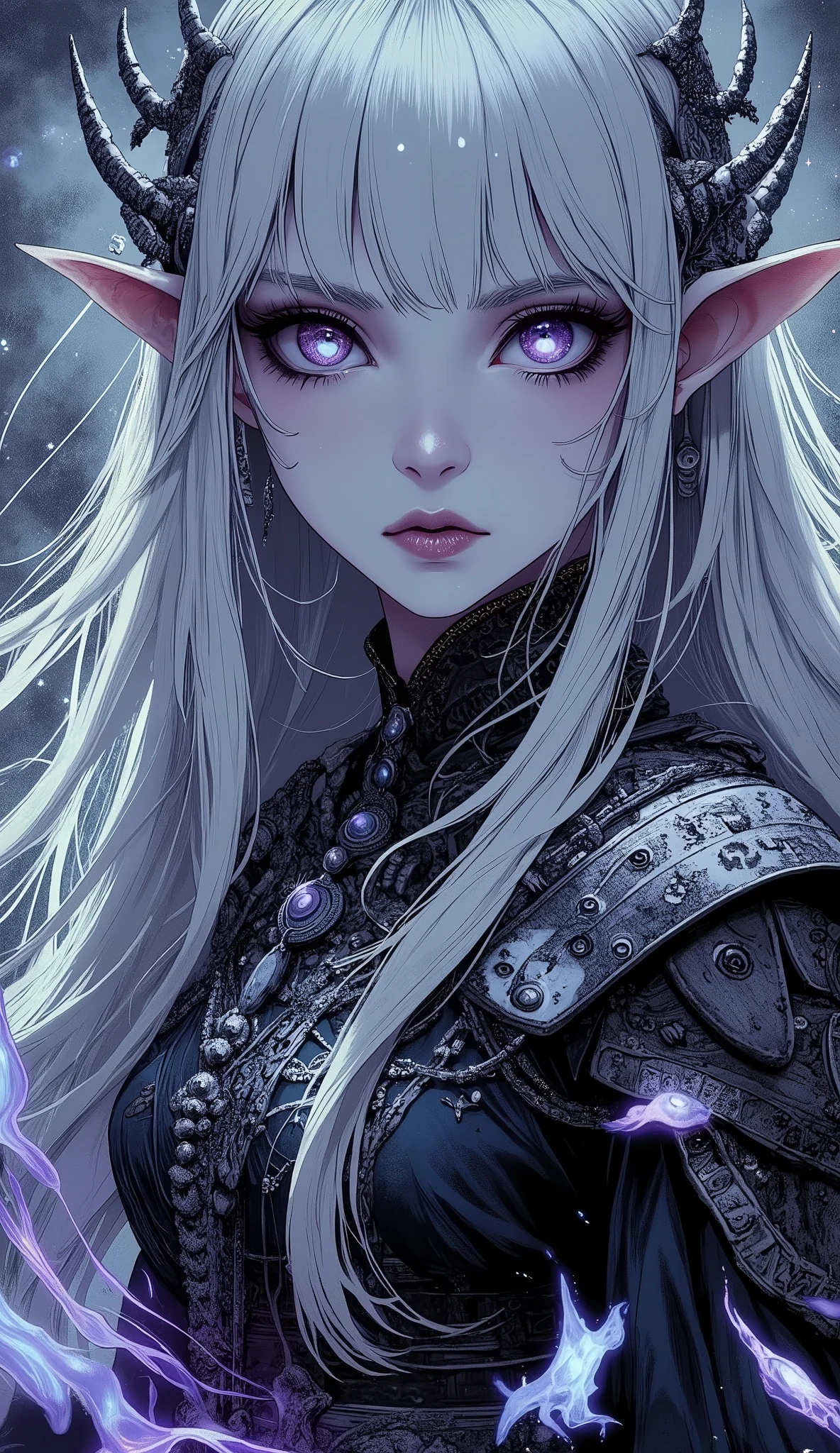 (A fusion of Ukiyo-e and dark fantasy. Aesthetic and gothic digital art. Draw a detailed face. Look away.) BREAK (Transparent white hair. Blunt bangs. White eyebrows. Long white eyelashes. Almond-shaped eyes. Lavender-colored eyes. Thick, dark eyeliner. Small pink lips. Slightly pointed ears. Dark purple skin. Thin limbs. Thin fingers. White nails. Draw one thumb and four fingers accurately.) BREAK (A female dark elf cleric is fighting to save the port from a horde of undead soldiers resurrected by dark powers. The female cleric stands firmly on the port's cargo unloading area, launching numerous pale blue, glowing, rotating swords in a large horizontal circle around herself to create a wall of swords. She is dressed in a heavy, 15th-century Italian court-style outfit. Please depict this powerful scene from a bird's-eye view, focusing on the woman in close-up.)