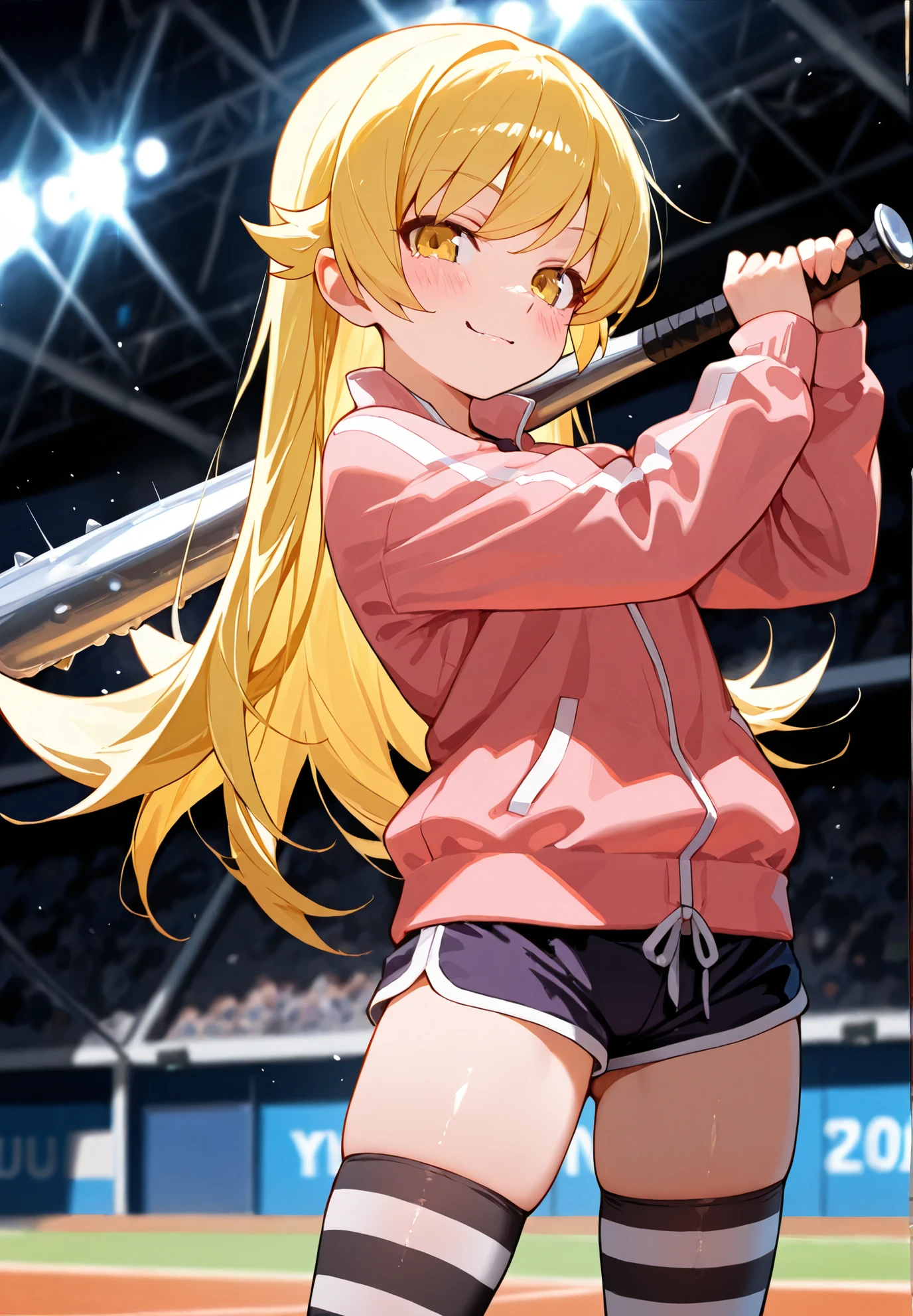 1girl, solo, Shinobu Oshino, Nisemonogatari series, (((young))), long blonde hair, petite figure, smirk, blush, jersey, shorts, striped thigh highs, standing in a gym, holding a baseball bat, sexy pose, alluring atmosphere, beautiful lighting and shadows, BREAK,masterpiece,top quality,warm color,high resolution,high fashion,absurdres extremely,vivid colors,intricate details,best quality,amazing quality,very aesthetic,newest,ultra-detailed,nsfw,
