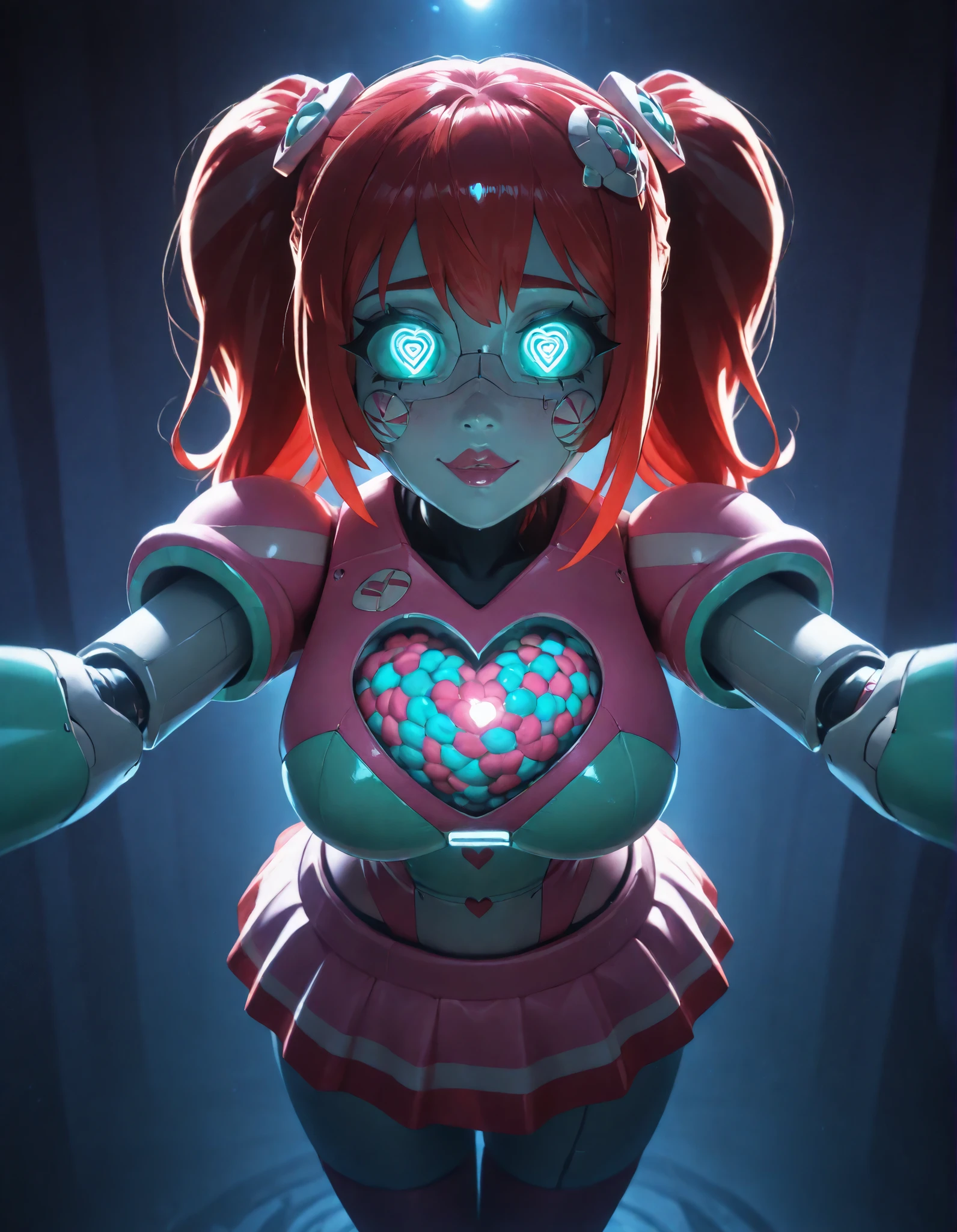 Score_Anime, Detailed eyes, -manip, -caption, 1 girl, solo, hypnotic eyes, heart_eyes, eye_contact, looking_at_viewer , glowing eyes, eyes_focus, hypnotizing_viewer , femdom ,spiral eyes, @_@, highly detailed, lighting and shadowing, high res, android, looking at the viewer, large breasts, kandyl, red hair, Skirt,