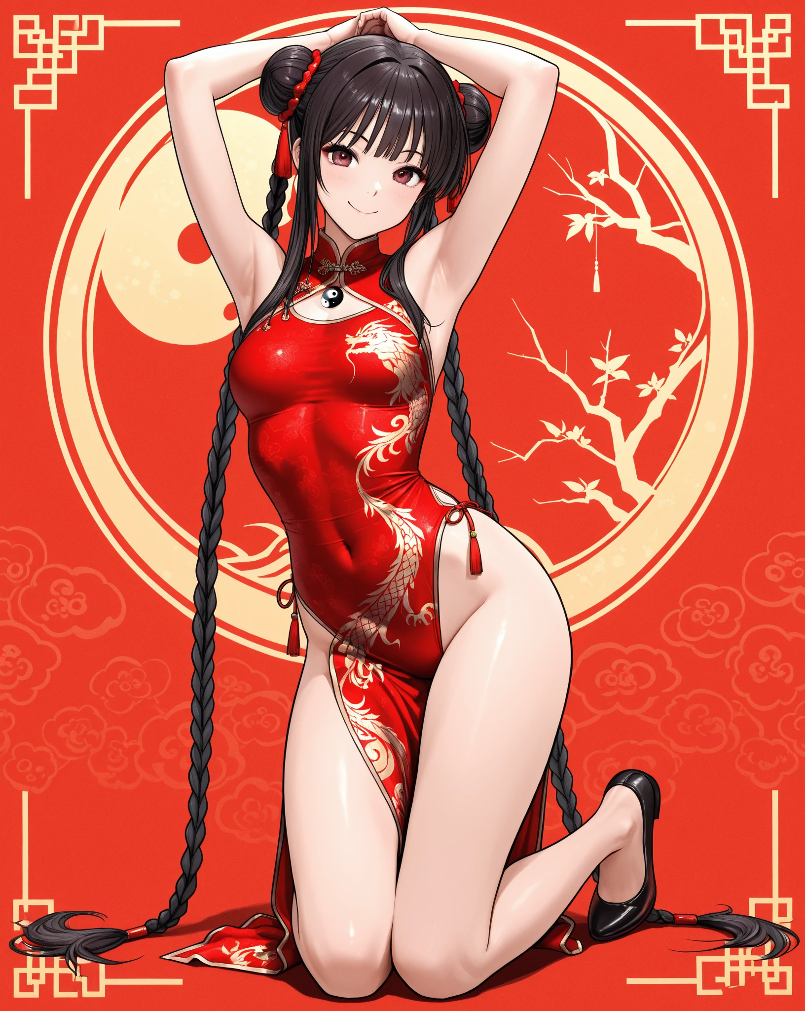 kaku bunwa, long hair, black hair, glasses, ahoge, brown eyes, breasts, large breasts, cheongsam