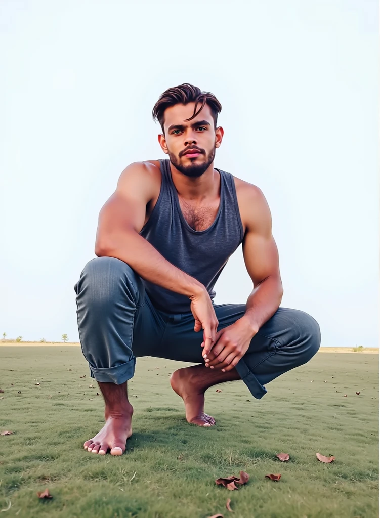 arafed man leaning against a rock in a blue shirt and blue shorts, tan skin a tee shirt and shorts, wearing a low cut tanktop, profile shot, wearing a tank top and shorts, aboriginal australian hipster, doing a hot majestic pose, modeling shoot, mid-shot of a hunky, wearing a muscle tee shirt, wearing : tanktop