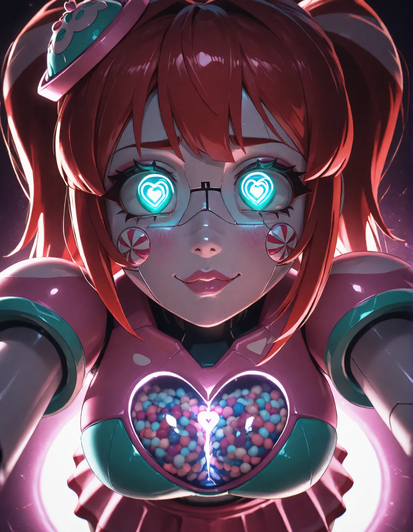 Score_Anime, Detailed eyes, -manip, -caption, 1 girl, solo, hypnotic eyes, heart_eyes, eye_contact, looking_at_viewer , glowing eyes, eyes_focus, hypnotizing_viewer , femdom ,spiral eyes, @_@, highly detailed, lighting and shadowing, high res, android, looking at the viewer, large breasts, kandyl, red hair, Skirt,