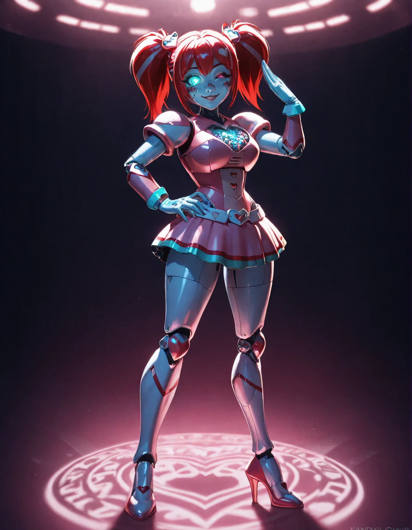 Score_Anime, Detailed eyes, -manip, -caption, 1 girl, solo, hypnotic eyes, heart_eyes, eye_contact, looking_at_viewer , glowing eyes, eyes_focus, highly detailed, lighting and shadowing, high res, android, large breasts, kandyl, red hair, Skirt, thumb up, wink, smile, hand on hip, cocked hips, high heels,